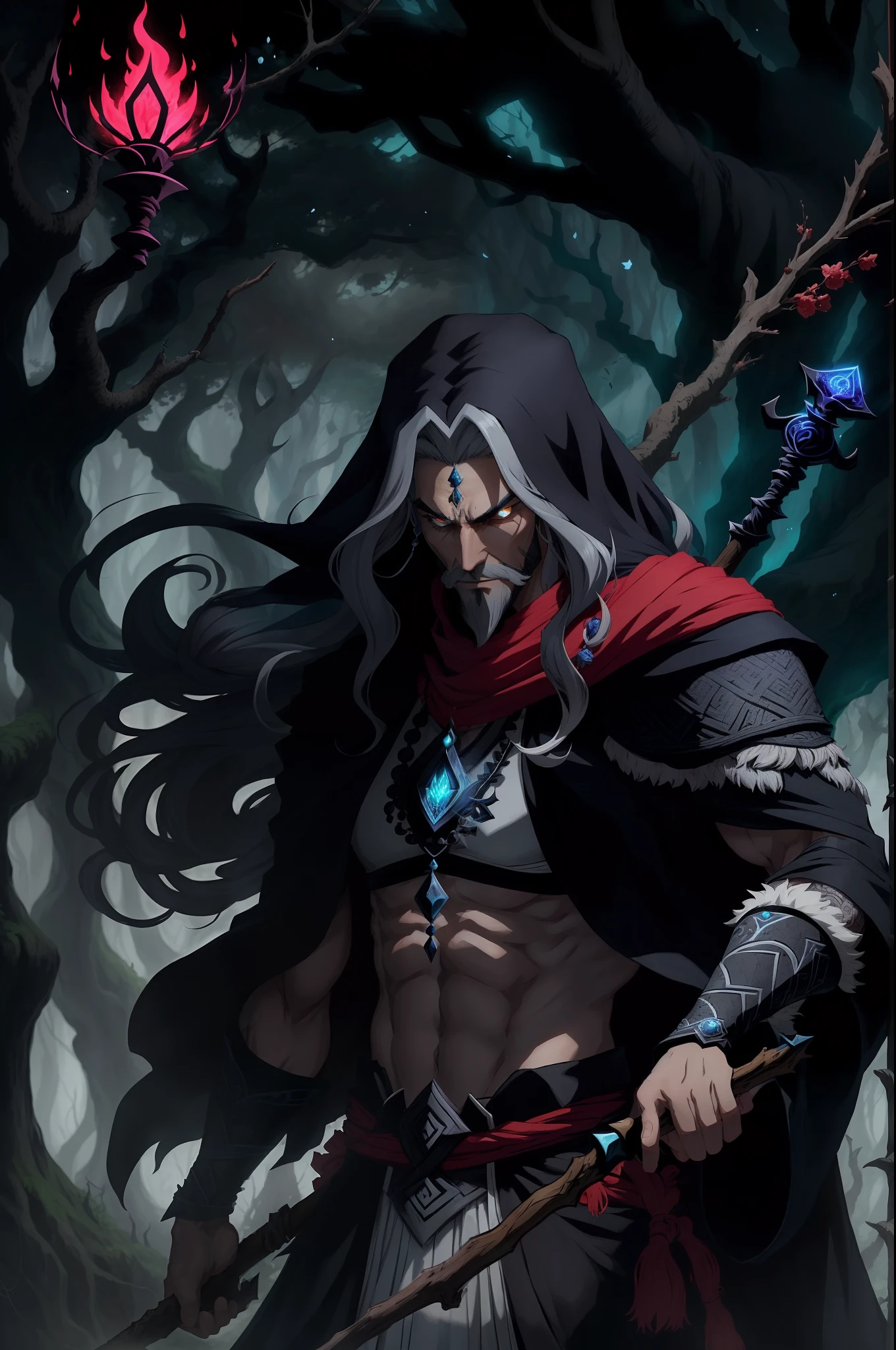 manhwa-like animation a sorcerer Its appearance is enigmatic and imposing, with a presence that radiates wisdom and power, Aelar has long, black hair that falls over his shoulders, Highlighting your advanced age and experience. Her eyes are dark gray, deep and piercing, brilhando com uma sabedoria ancestral. Ele tem uma barba longa e cuidadosamente aparada que confere uma uma aura de respeito.The sorcerer carries with him a staff made from the branch of the oldest tree in the world