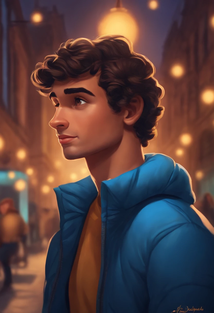 Cartoon illustration inspired by Disney: Em um bar iluminado pela luz suave da noite, A young, thin man with short hair wearing a beret on his head and wearing a blue Puffer the north face jacket. ilustrado com apelo atemporal dos personagens da disney