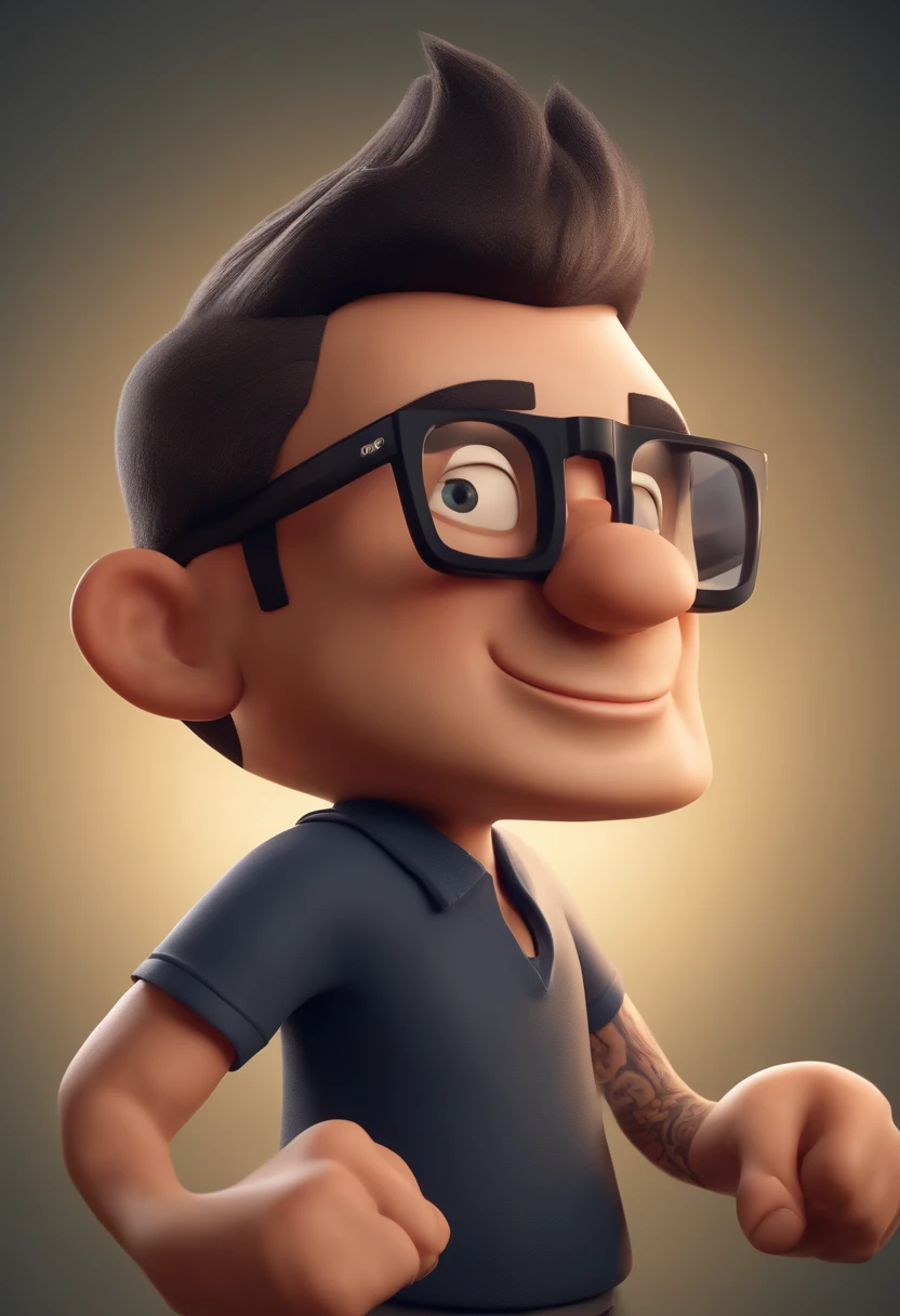 Cartoon character of a man with black glasses and a black polo shirt, cabelo liso, With beard and old school tattoo on his arm, animation character, Caractere estilizado, animation style rendering, 3D estilizado, Arnold Maya render, 3 d render stylized, toon render keyshot, Personagem 3D, Personagem 3D, 3d rendering stylized, 3 d character render, personagem de desenho animado, Personagem de close up, Pose de personagem, (Estilo Pixar) (master part:1.2) (Bokeh) (best quality) (pele detalhada) (textura detalhada) (8k) (argila) (Cinematic lighting) (foco nítido