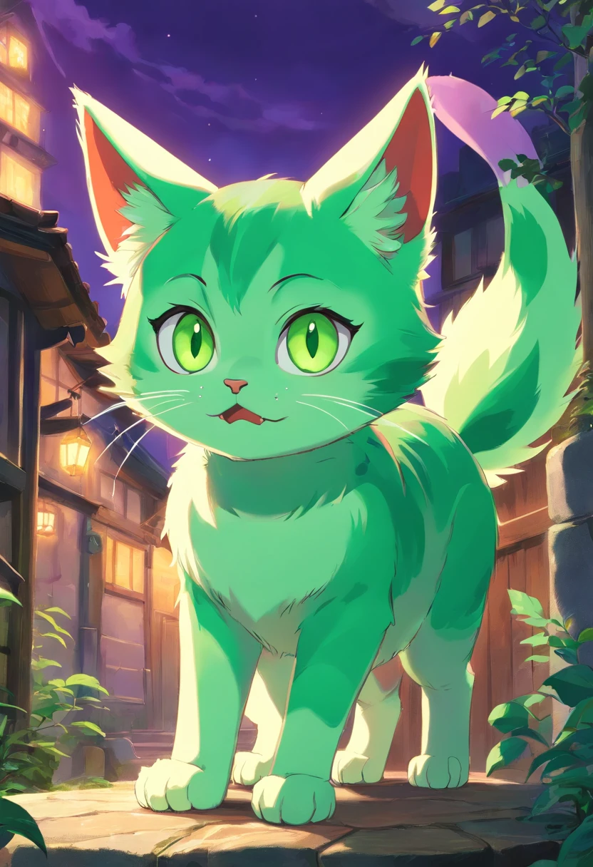 Drawing of a cat with green eyes and a green tail, professional furry drawing, Some green and purple, stray cat, stray cat, demon cat, purple cat, fursona art, furry mawshot art, furry art!!!, Poisonous cat, cat from the void, weirdcore voidpunk fursona, colored sketch, Angry cat, Wild art,Butterfly scare