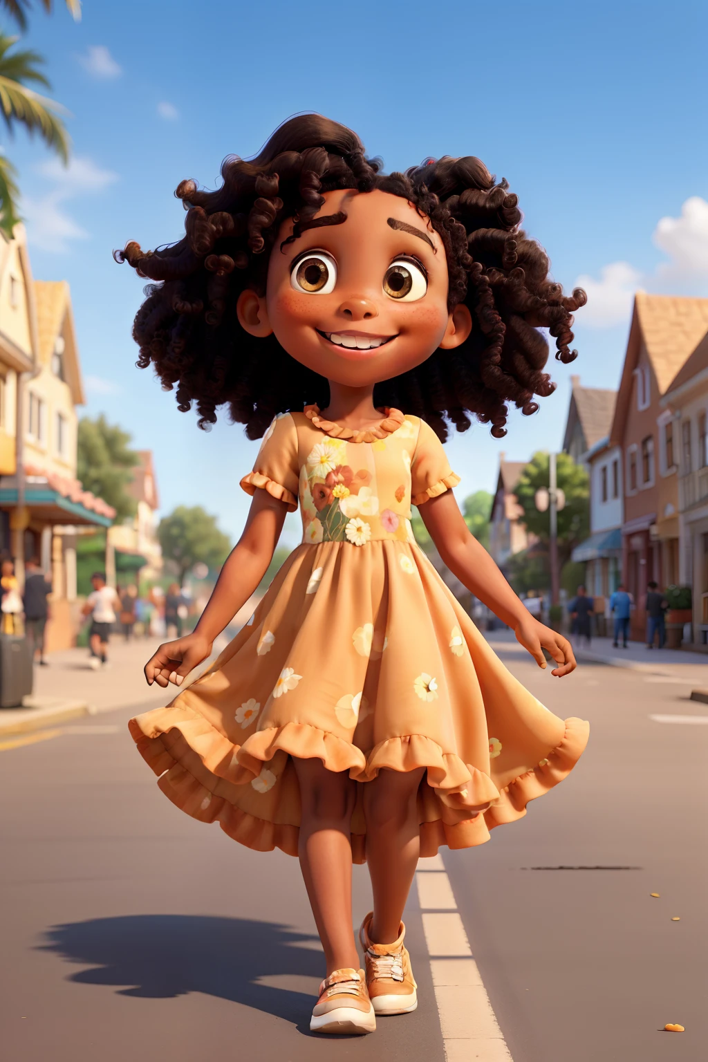 a 6 year old black girl, caramel eyes, curly hair, flowery dress, playing smiling in the street on a bright sunny day, soft colors, Disney style, good quality