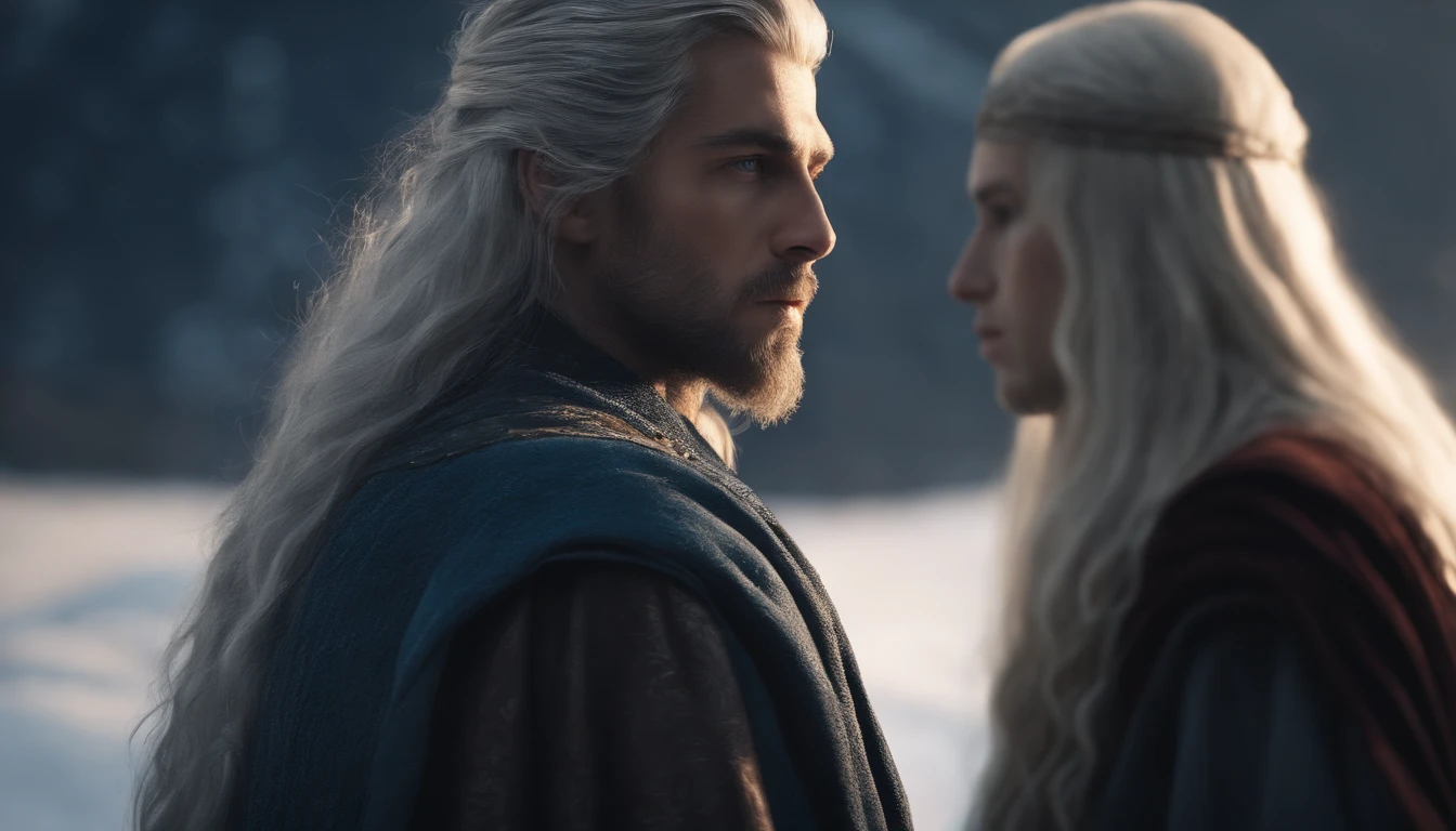 A young beautiful male character with long silver hair looking at the kingdom with a serene expression, medieval clothes, blue eyes, dark setting, ultra-realistic, Guweiz drawing style, landscape, 8k, winter, dramatic particles, melhor qualidade,4k,8k,alto,master part:1.2,ultra-detalhado,Realistic:1.37.
