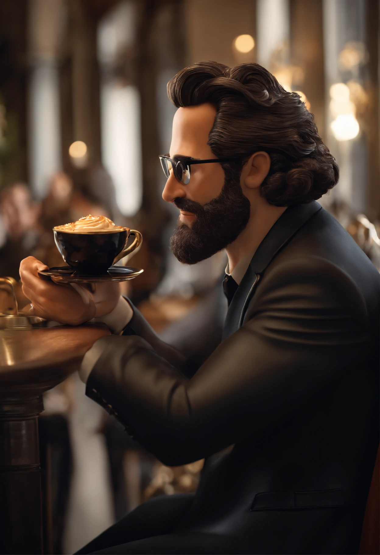 Uma Disney 3D/Cartaz do filme Pixar. um homem, moreno, 38 anos de idade, 1,95 de altura, cabelos pretos lisos com um corte na lateral, possue uma barba grande, usa um oculos de grau preto, tem rosto fino, Its origin is Arabic, esta vestido com um belissimo fraque preto, sapatos prestos, esta toamndo um cafe em bessima cafeteria de luxo.