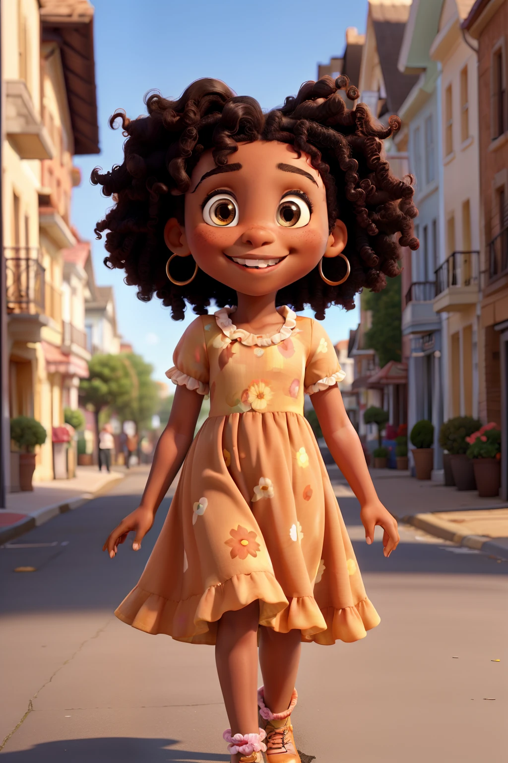 a 6 year old black girl, caramel eyes, curly hair, flowery dress, playing smiling in the street on a bright sunny day, soft colors, Disney style, good quality