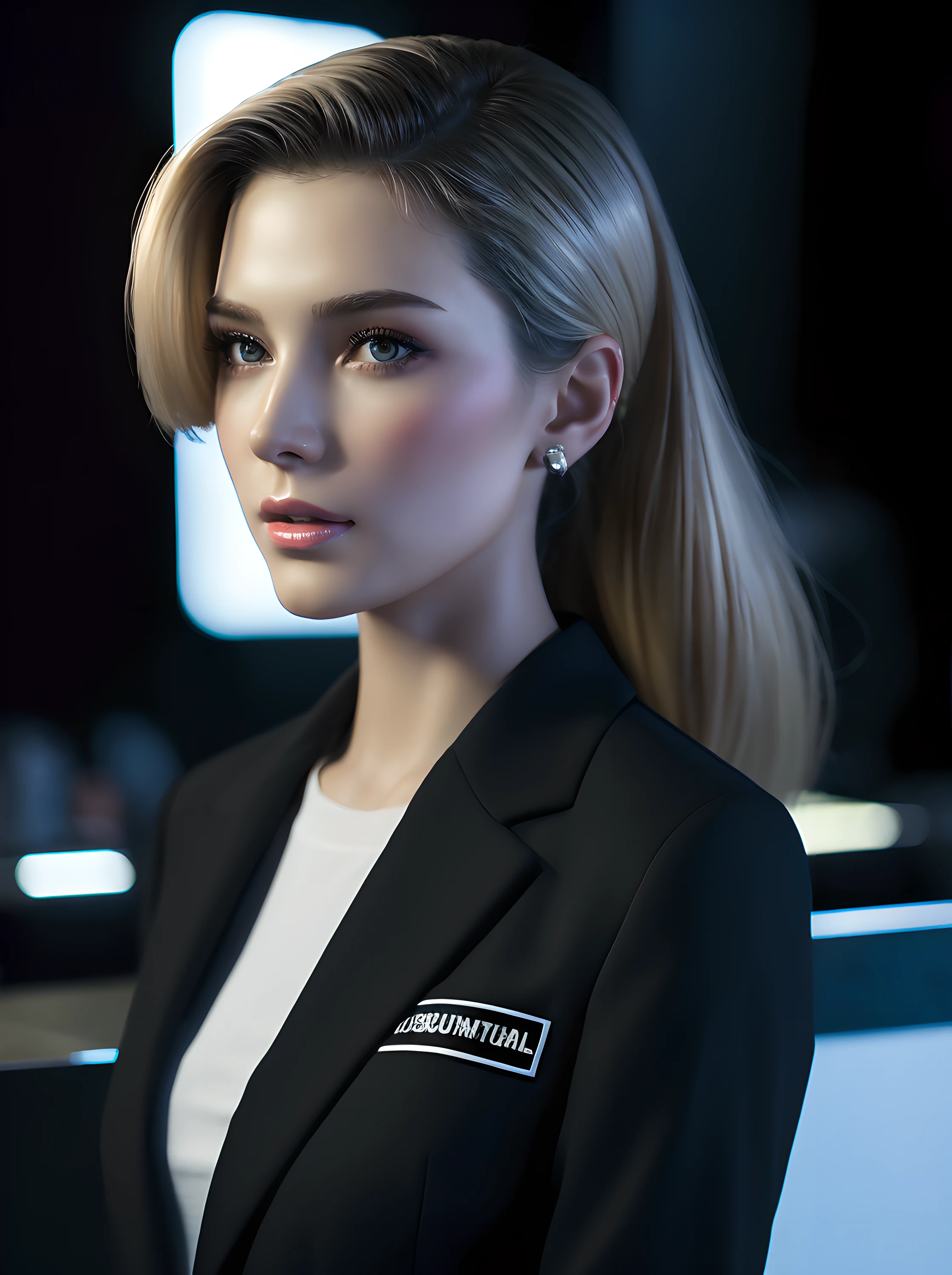 ((18-year-old girl in a black business suit)), Perfect Blonde, a 1girl, extra very long hair, ((Shiny snow-white skin)), 3d rendered character art 8 K, trending on cgstation, A detailed eye, symmetric eyes, a perfect face, the perfect body, (intricate details:0.9), (HDR, hyper-detailing:1.2), (natural skin textures, hyper realisitc, soft light, Sharp), (Intricate Detail 1.5), near the bar counter, Club Light.