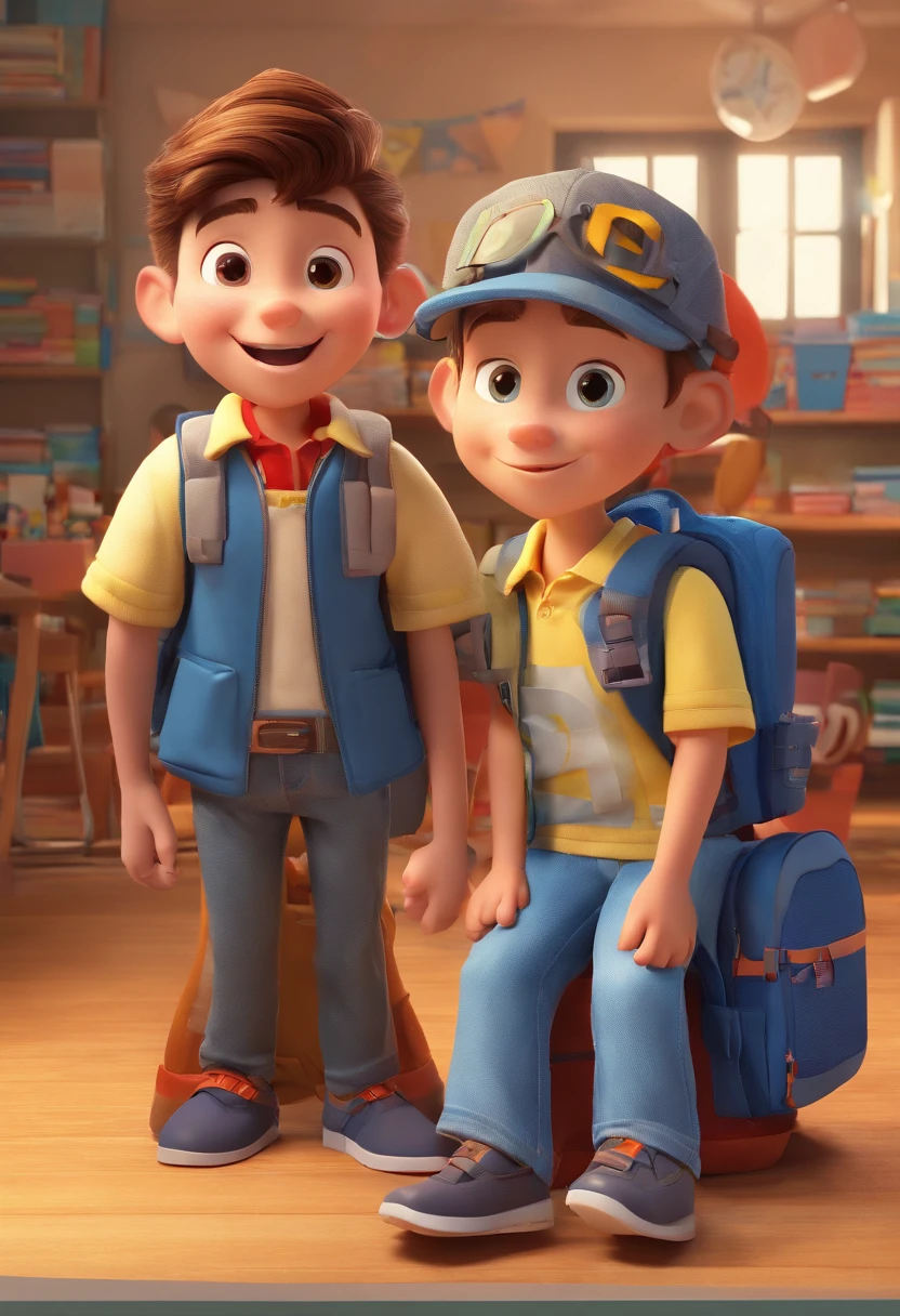 Cartoon of two kids at school together, 3D Animation Movie Poster, Poster de filme animado, pixar 3 d animation style, pixar renderman rendering, all wearing uniforms of dark blue shirts closed without buttons and light jeans, Disney Pixar Animation Poster