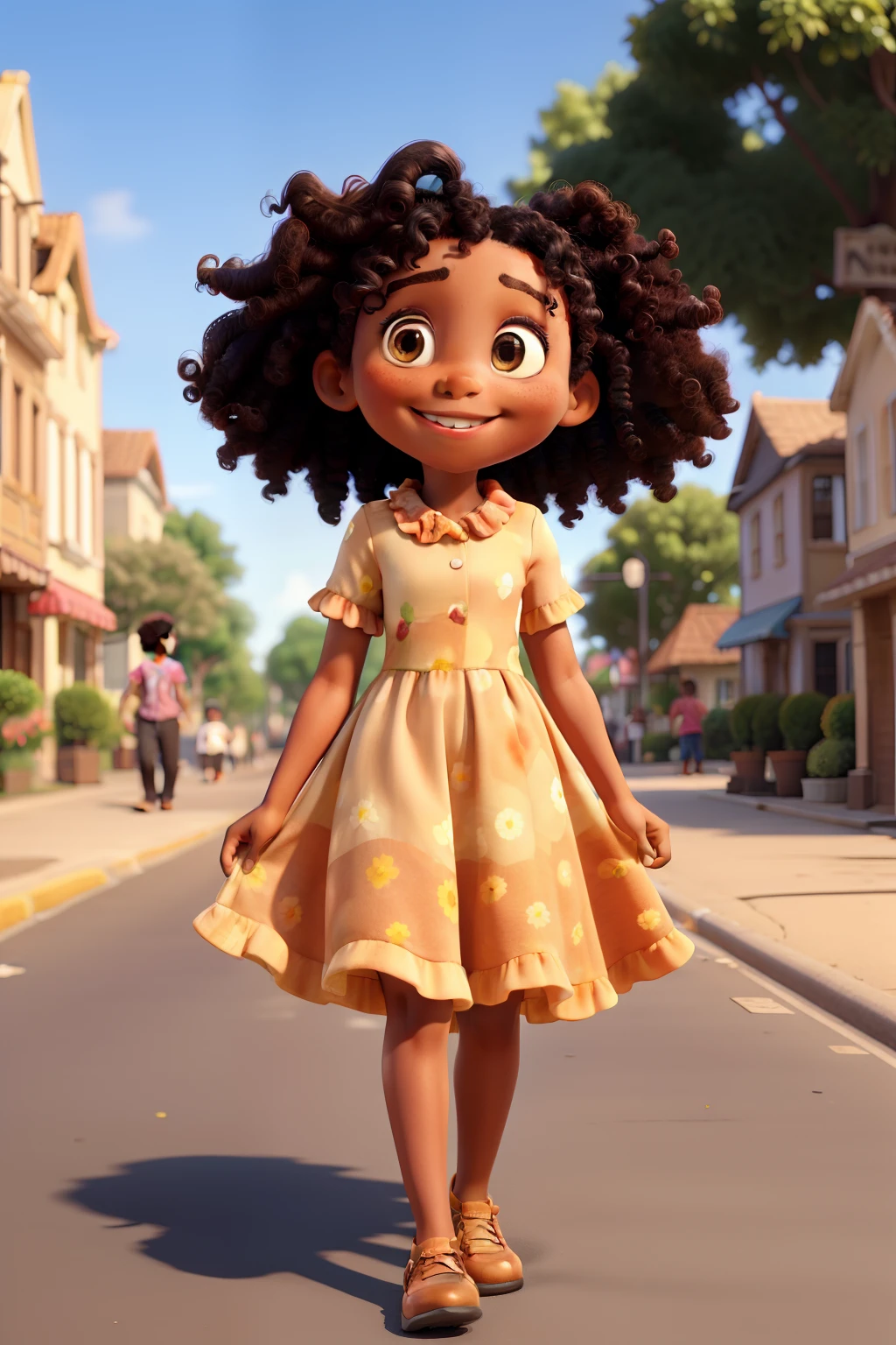 a 6 black girl, caramel eyes, curly hair, flowery dress, playing smiling in the street on a bright sunny day, soft colors, Disney style, good quality