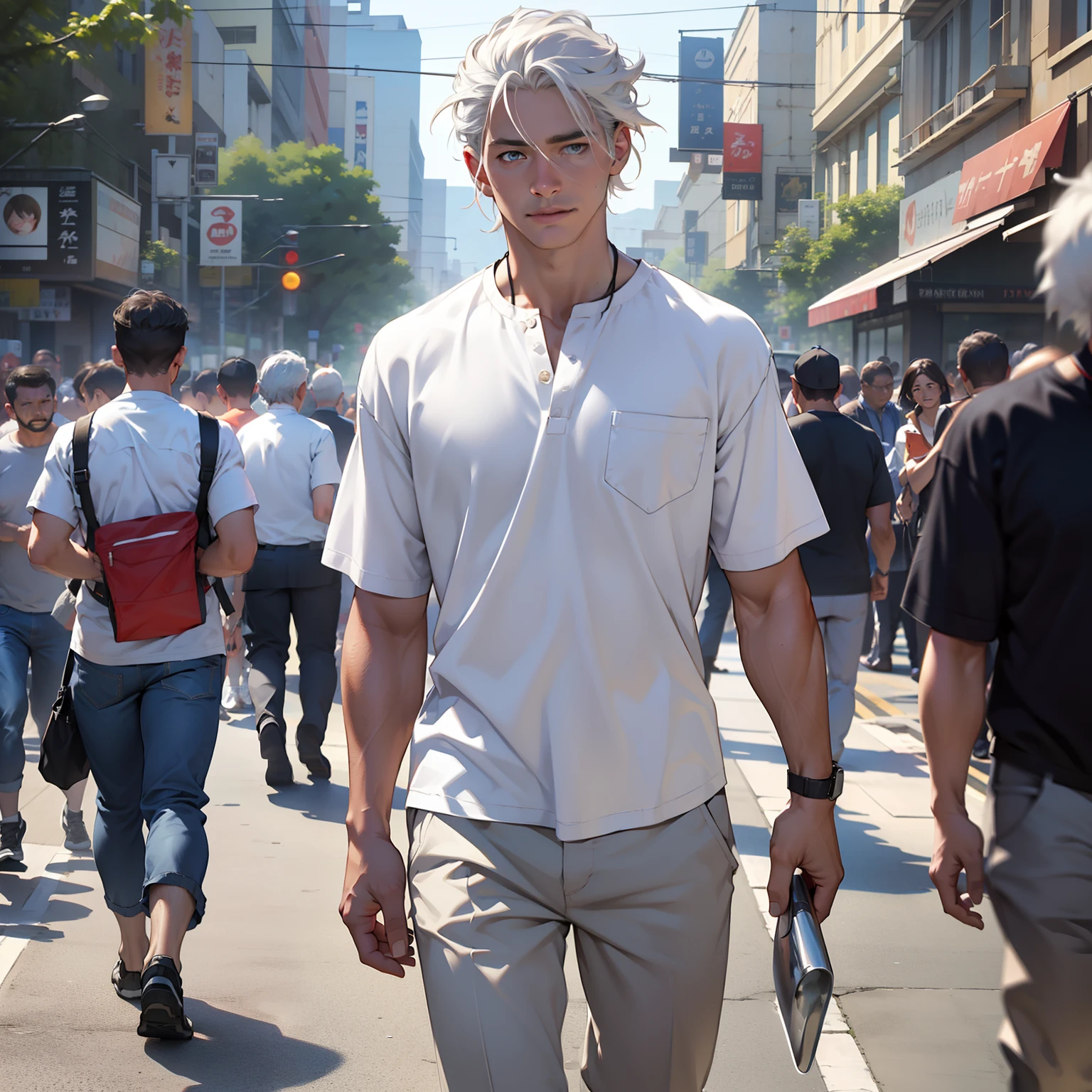 ((realistic: 1.5)),((best quality)), ((masterpiece)),((detailed)), man, white-haired, short, sideways, white shirt, pants, walking in crowd