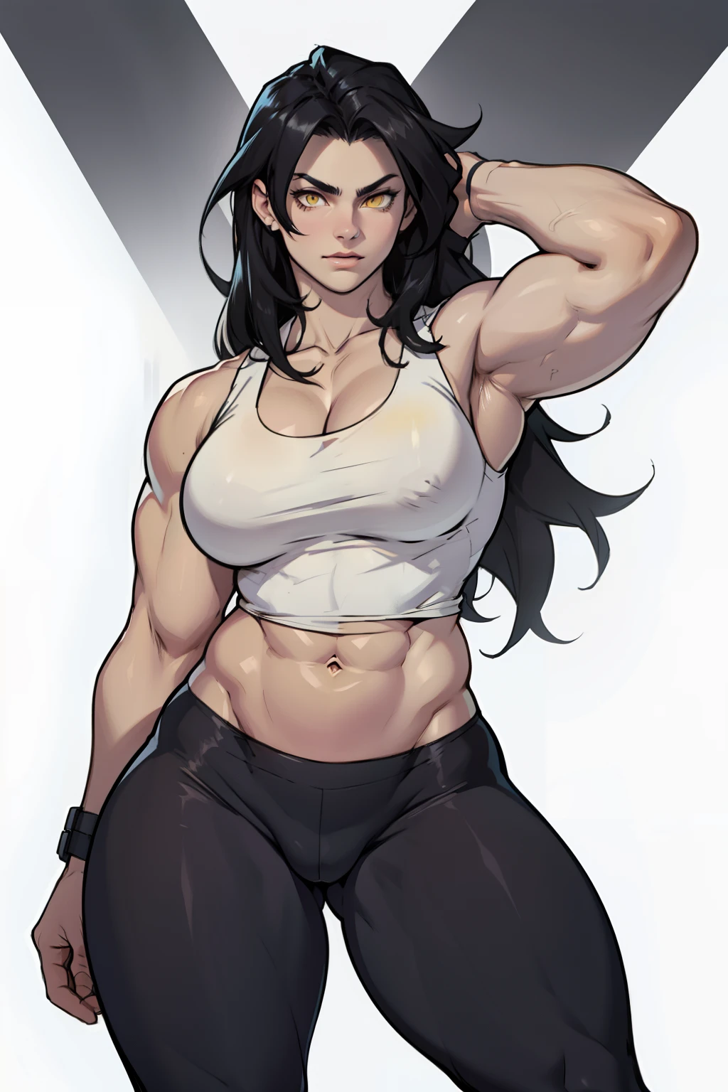 black hair, very long hair, yellow eyes, thick thighs, large breasts, (muscular), pale skin, leggings, tank top, toned body