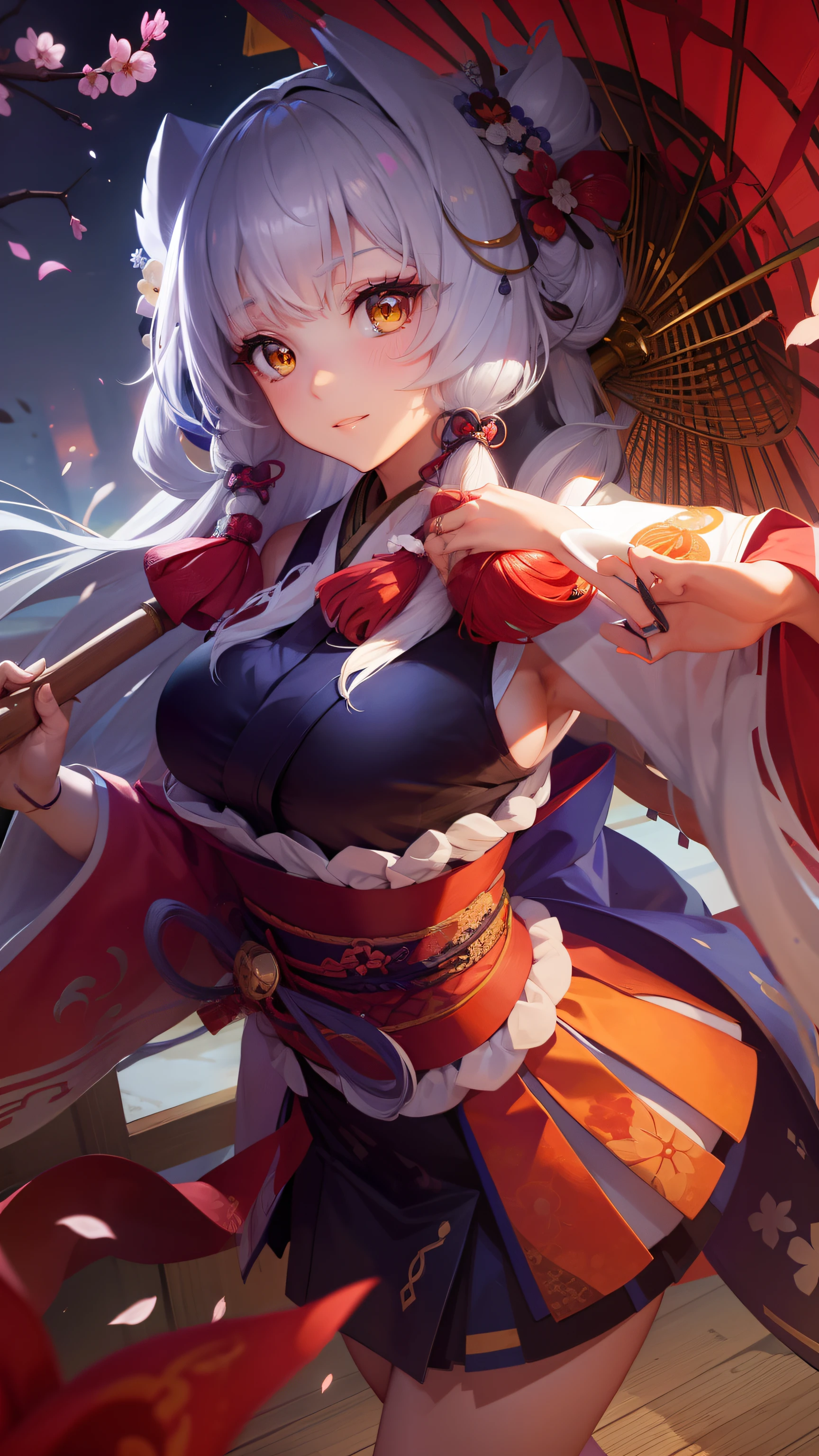 woman, long silver hair, kimono, long sleeves, big boobs,beatiful face, yellow eyes