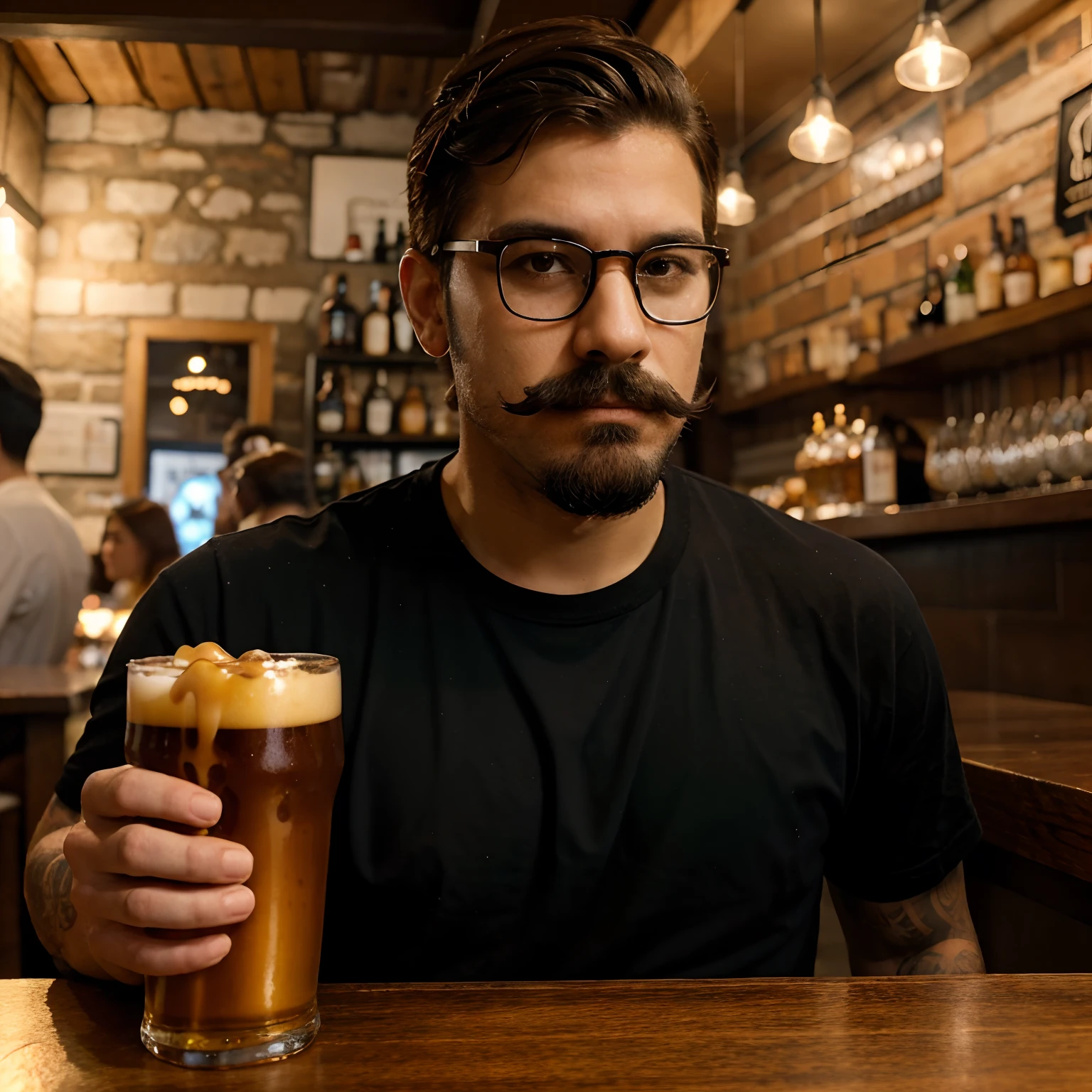 dark man, bald big head with cap,.bearded, black beard with a glass of beer in his hand