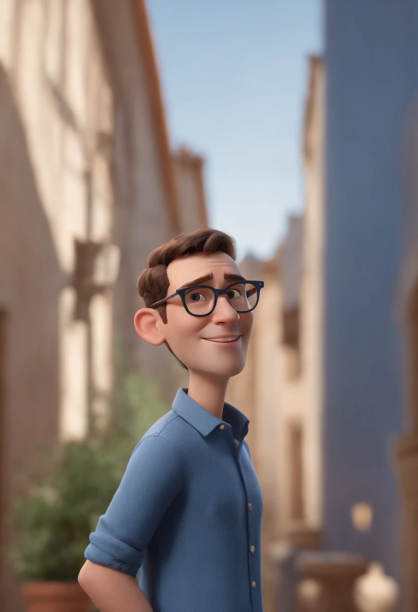 Cartoon character of a man with black glasses and a blue shirt, animation character, Caractere estilizado, animation style rendering, 3D estilizado, Arnold Maya render, 3 d render stylized, toon render keyshot, Personagem 3D, Personagem 3D, 3d rendering stylized, 3 d character render, personagem de desenho animado, Personagem de close up, Pose de personagem,  (Estilo Pixar) (master part:1.2) (Bokeh) (best quality) (pele detalhada) (textura detalhada) (8k) (argila) (Cinematic lighting) (foco nítido