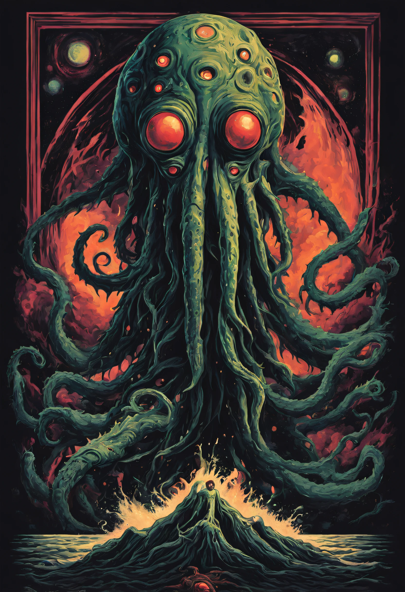 retro POSTER ART, Explore the Lovecraftian horror genre with an illustration that conveys the otherworldly and cosmic dread often associated with the works of H.P. Lovecraft. with text, logos, modern art, pop art, black background, Alien vs Monster, fighting