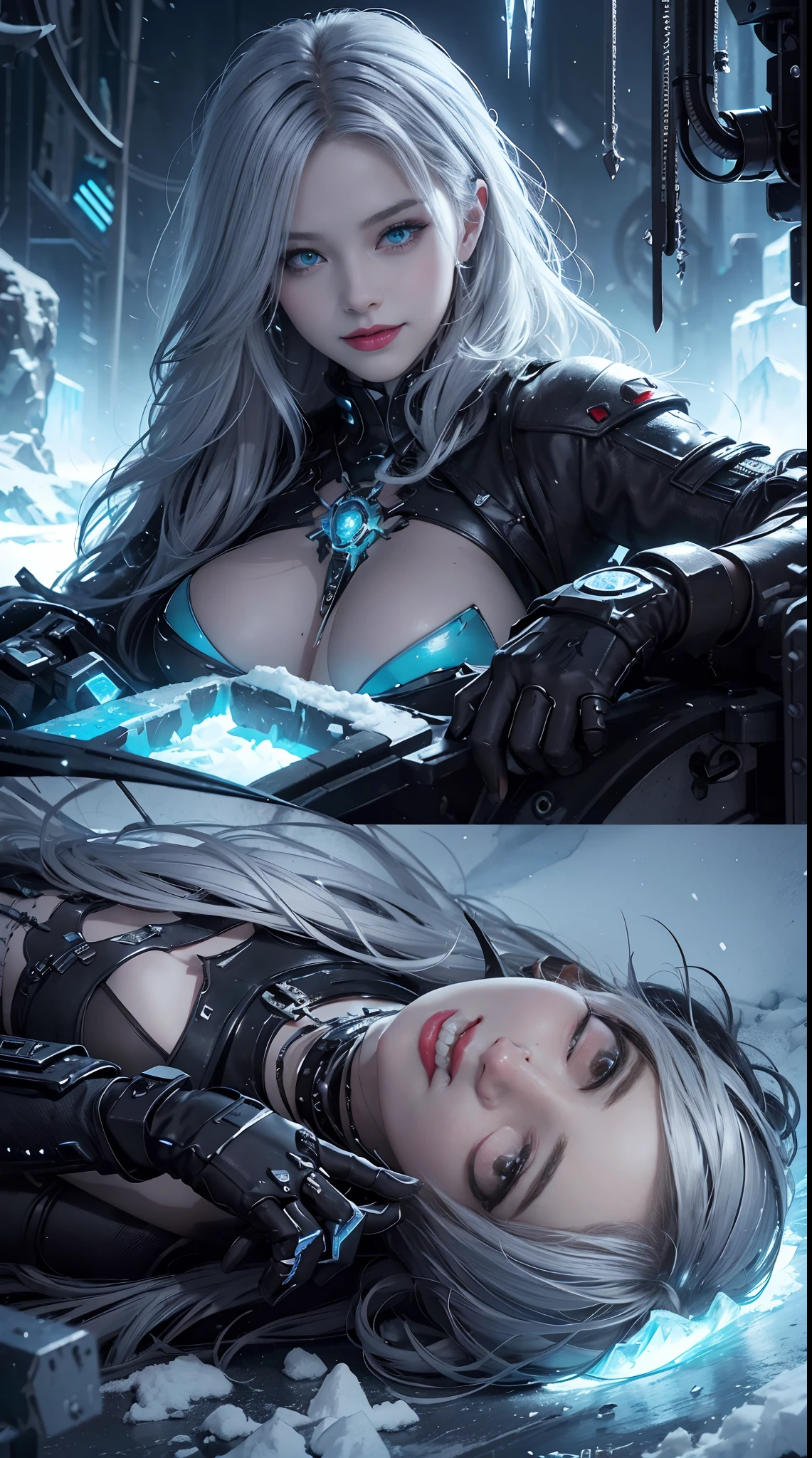 Cyberpunk, mechanical, broken, there is a picture of a very large iceberg, cyberpunk, mechanical, broken, with a lot of snow, dungeon background, icicle background, arena background, game background, dark dark cave background,a female warrior lying down,((smile:1)),silver hair,red lips,back view,((close camera))