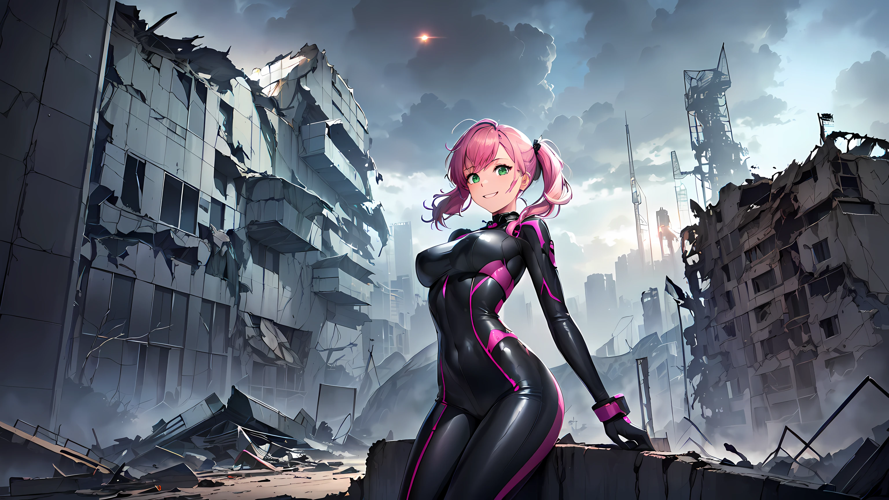 masterpiece, 1girl ((20year old, dressed in a futuristic tight bodysuit, boots, medium breasts, multicolor pink hair, twin ponytails, perfect model body:1.3, detailed green eyes:1.5,flirting, happy, big smile, looking toward viewer, jumping towards viewer:1.2, with destroyed sci-fi buildings and spaceships in the background:1.3, ominous and dangerous atmosphere:1.2)) ((solo:1.6)) ((evening time))