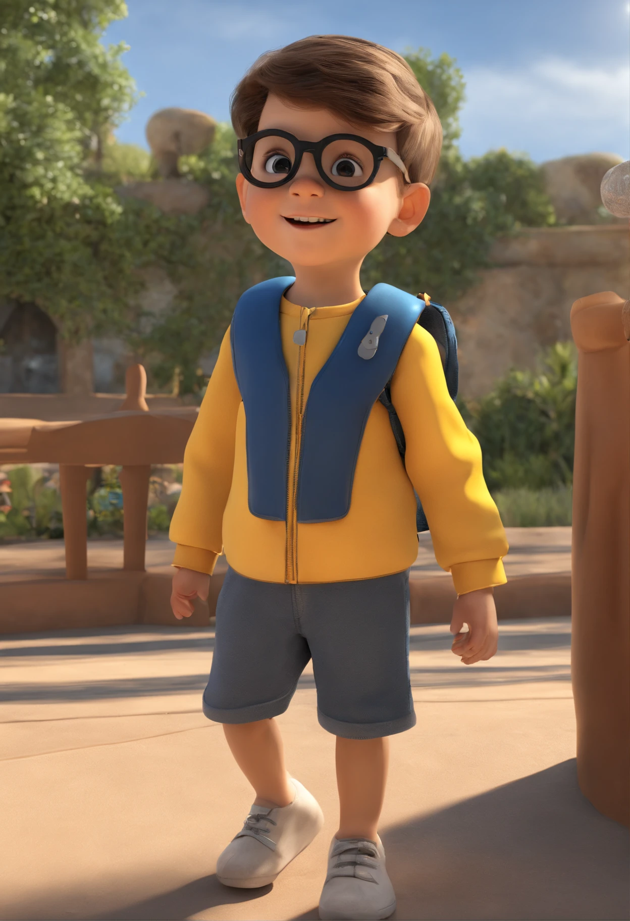 a happy cute ??? standing short hair, vestindo uma fantasia espacial, , fundo branco, barnet, tom, Estilo Pixar, ..3d, desenhos animados, rosto detalhado, Asymmetrical 16 with yellow and dark blue glasses