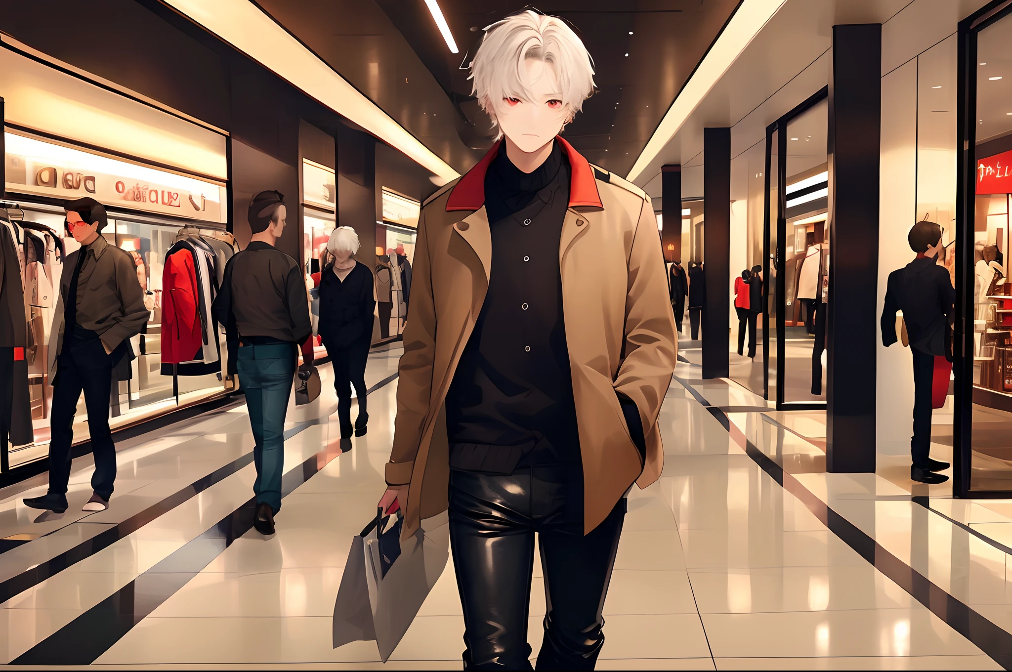 (4K works))、masterpiece、(top-quality)、((shopping mall))、Korean Male、Adult male、((Adult 50 years old))、((Adult uncle type))、((Leather Jeans Style))、((Face similar to Hyunjin))、Cool Men、tall、((Gentle face))、((Cool werewolf fashion in black))、((Long sleeve long trouser style))、((Smaller face))、Slim body、((Uncle))、((white hair))、((white short-haired))、((Red Eyes))、((shot from front))、((Shot alone))、((Solo Photography))、Professional Photos、((Reach out to your audience))、((He walks in front of the viewer))、((dad bod))、