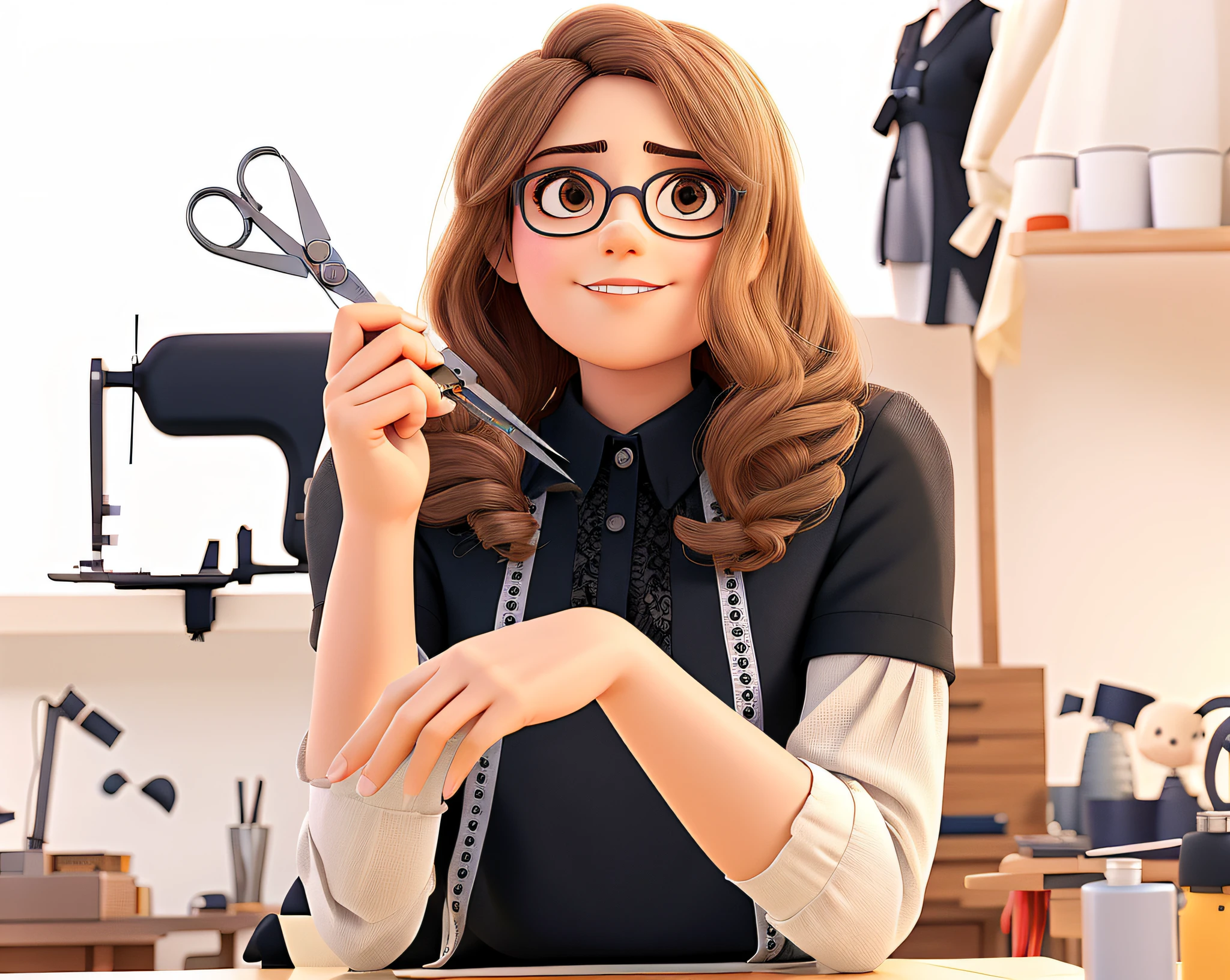 Woman in black blouse sitting at sewing machine with scissors in hand, design de moda em seu atelier, estilo pixar, alta qualidade, melhor qualidade