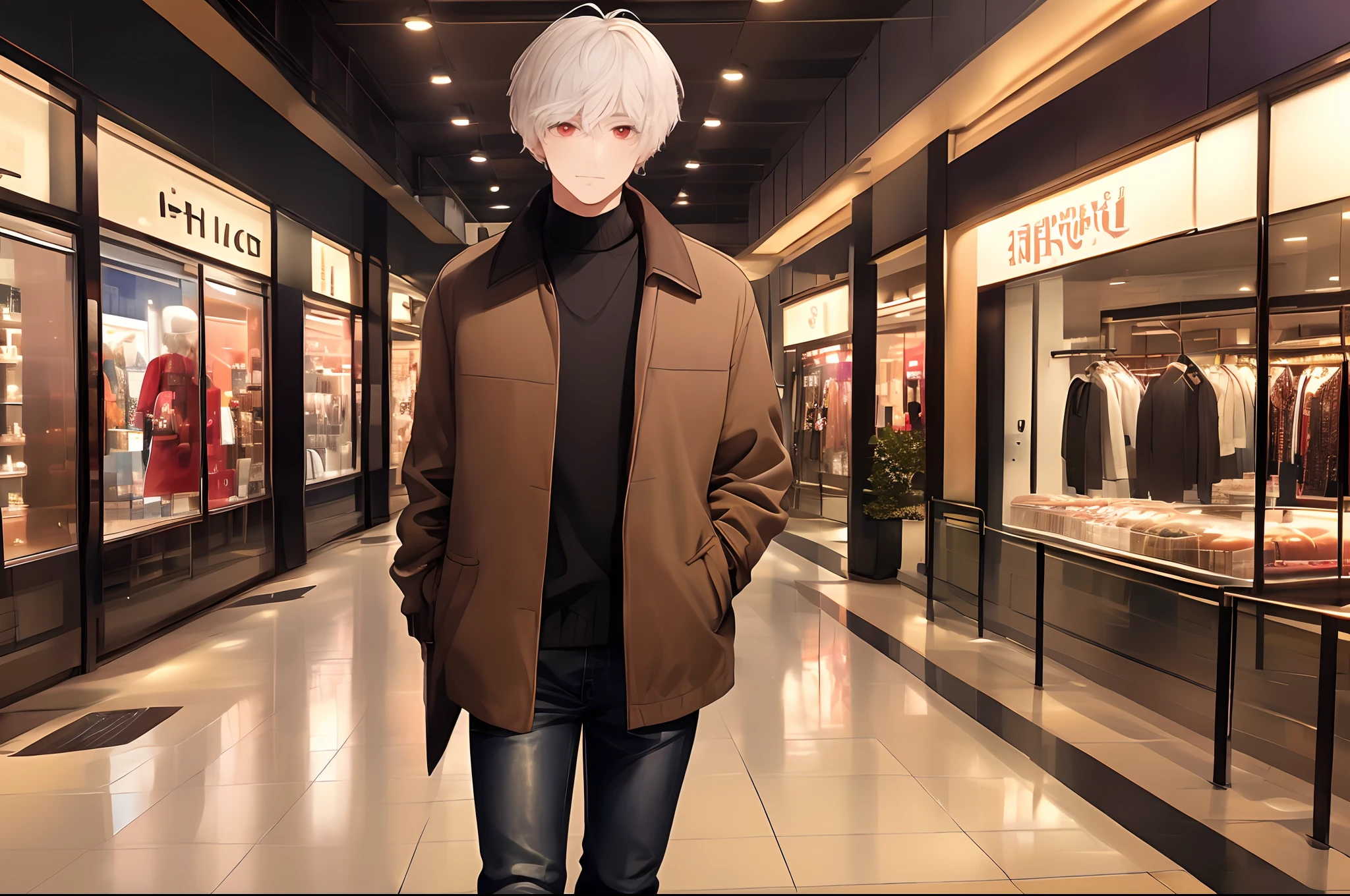 (4K works))、masterpiece、(top-quality)、((shopping mall))、Korean Male、Adult male、((Adult 50 years old))、((Adult uncle type))、((Leather Jeans Style))、((Face similar to Hyunjin))、Cool Men、tall、((Gentle face))、((Cool werewolf fashion in black))、((Long sleeve long trouser style))、((Smaller face))、Slim body、((Uncle))、((white hair))、((white short-haired))、((Red Eyes))、((shot from front))、((Shot alone))、((Solo Photography))、Professional Photos、((Reach out to your audience))、((He walks in front of the viewer))、((dad bod))、