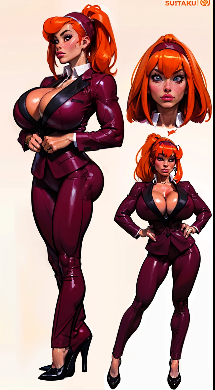 ((masterpiece)),(((best quality))), ((character design sheet:1.4)), ((full body view)) illustration,1girl, muscular, ((burgundy business suit:1.4)), blossom, (red hairband), ((orange hair:1.4)), burgundy suit ((detailed face:1.4)) ((gigantic breasts:1.3)), (latex pants), ((cleavage)), beautiful woman, long ponytail, shiny skin, (thick legs), scribbles and marks, , rough sketches, pose, 8k,16k, (simple background, white background: 1.3)