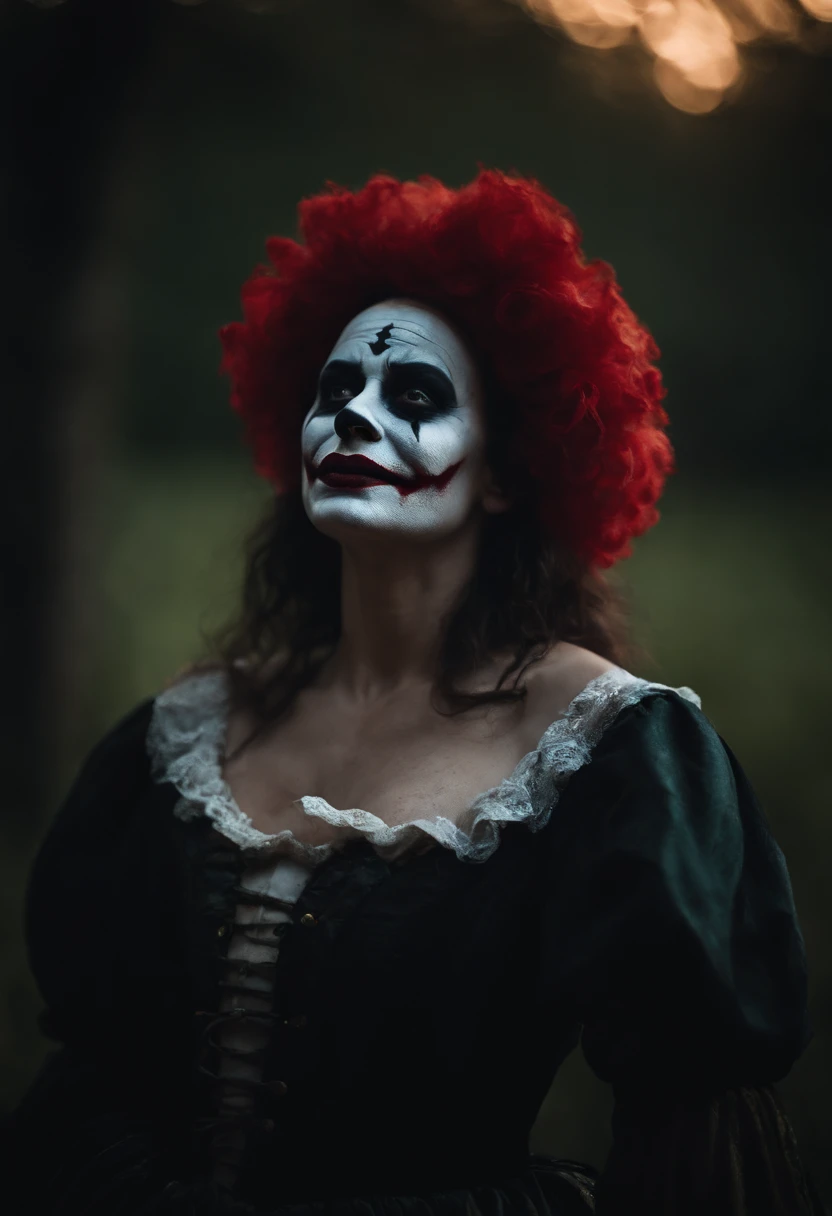 A place with a morbid look that resembles a funeral, (foggy:1.2), silhouetted in soft shadow (full body photograph:1.2) (Rustic Red colored clown outfit:1.3) (beautiful supermodel:1.1) hands in her hair detailed background bokeh <lora:add-detail-xl:1>
