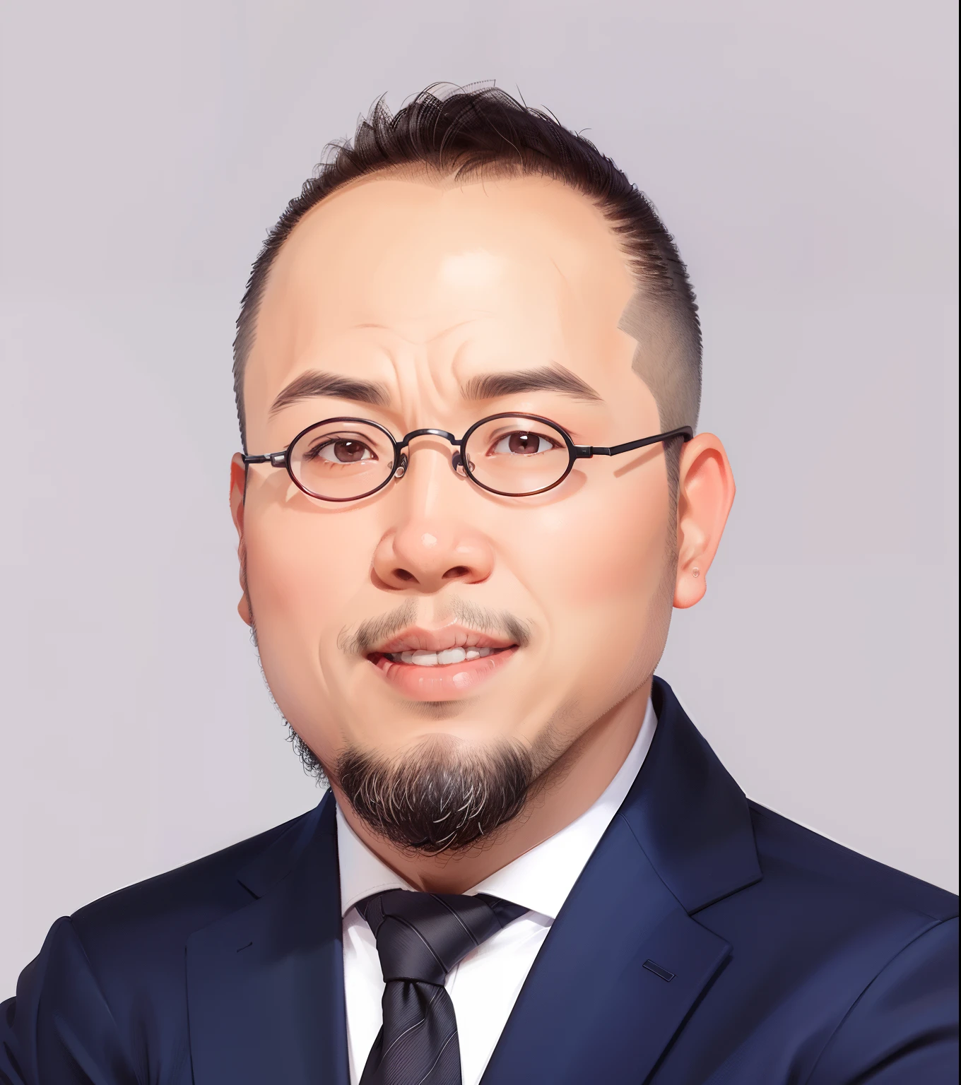 greybackground，simplebackground，1 Asian man，Teachers，Business suit，eye glass，with short black hair，ssmile，standing on your feet，The is very detailed，Consistent with photos，best qualtiy，4K