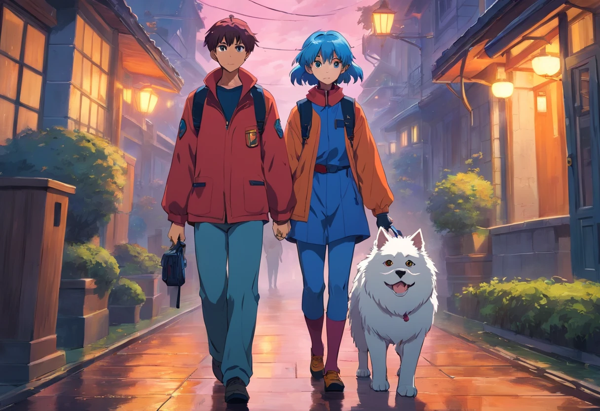 Anime art of Misato Katsuragi from Neon Genesis Evangelion, detailed scene, stunning details, trending on artstation, rainy day, ray-traced environment, vintage 90's anime artwork. Two boys in their 20s walking with a white Maltese dog. One man has dark skin, curly hair and a blue cap and the other white, has a beard. They are dressed up as zombies for Halloween. In the background there is a haunted mansion.