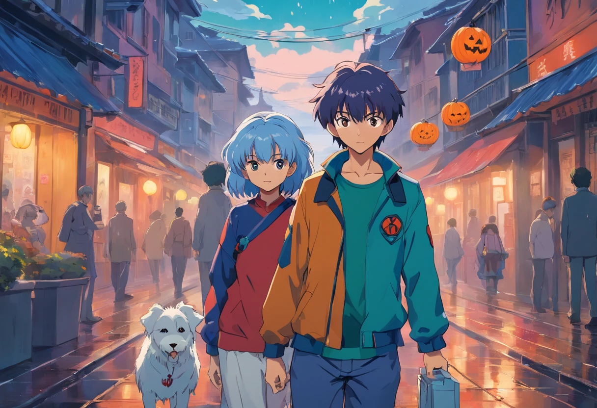 Anime art of Misato Katsuragi from Neon Genesis Evangelion, detailed scene, stunning details, trending on artstation, rainy day, ray-traced environment, vintage 90's anime artwork. Two boys in their 20s walking with a white Maltese dog. One man has dark skin, curly hair and a blue cap and the other white, has a beard. They are dressed up as zombies for Halloween. In the background there is a haunted mansion.