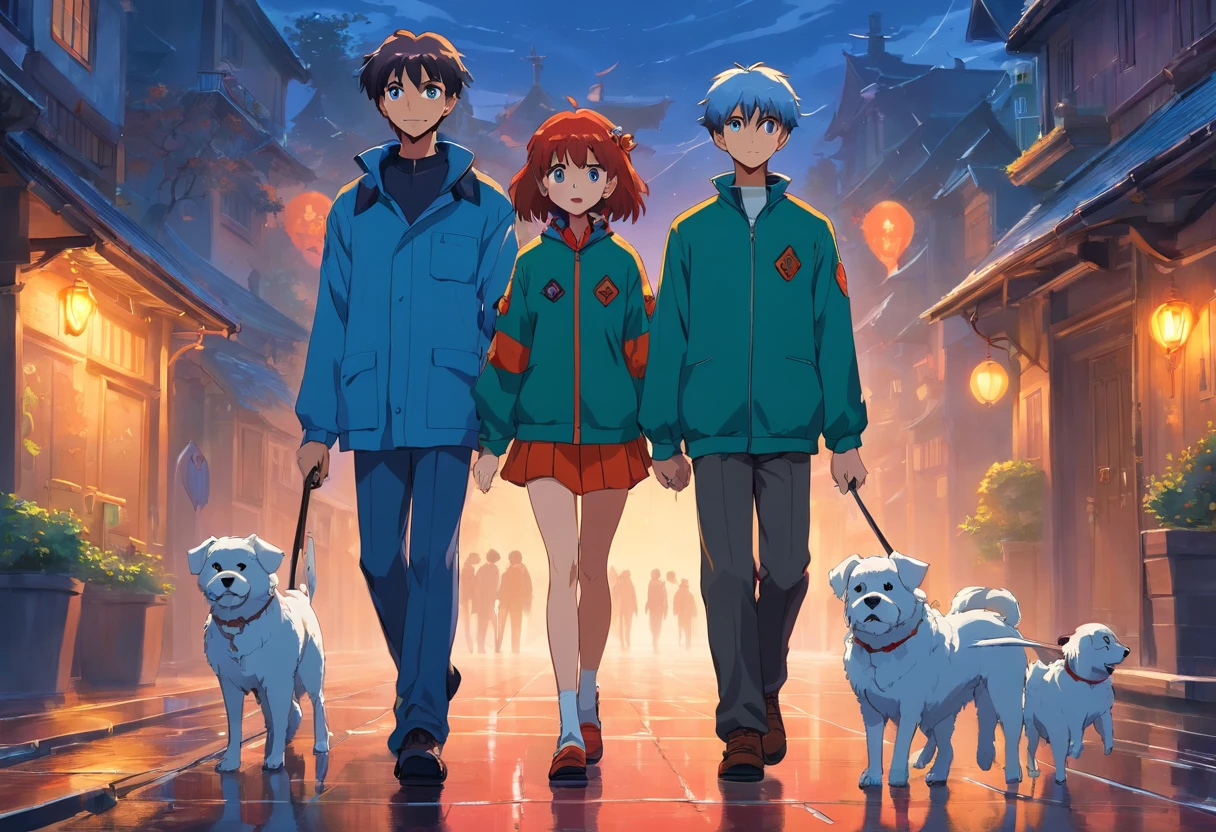 Anime art of Misato Katsuragi from Neon Genesis Evangelion, detailed scene, stunning details, trending on artstation, rainy day, ray-traced environment, vintage 90's anime artwork. Two boys in their 20s walking with a white Maltese dog. One man has dark skin, curly hair and a blue cap and the other white, has a beard. They are dressed up as zombies for Halloween. In the background there is a haunted mansion.