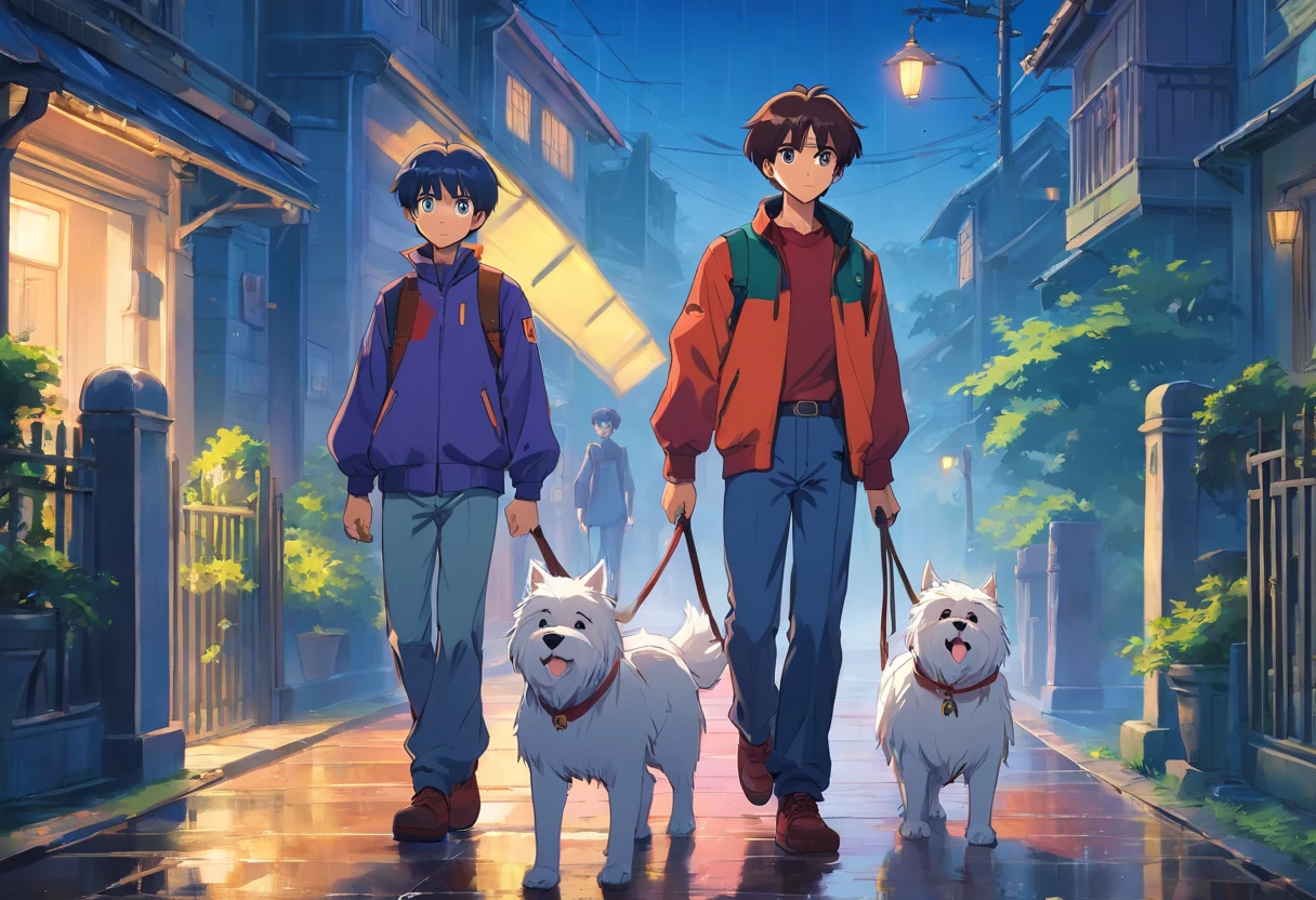 Anime art of Misato Katsuragi from Neon Genesis Evangelion, detailed scene, stunning details, trending on artstation, rainy day, ray-traced environment, vintage 90's anime artwork. Two boys in their 20s walking with a white Maltese dog. One man has dark skin, curly hair and a blue cap and the other white, has a beard. They are dressed up as zombies for Halloween. In the background there is a haunted mansion.