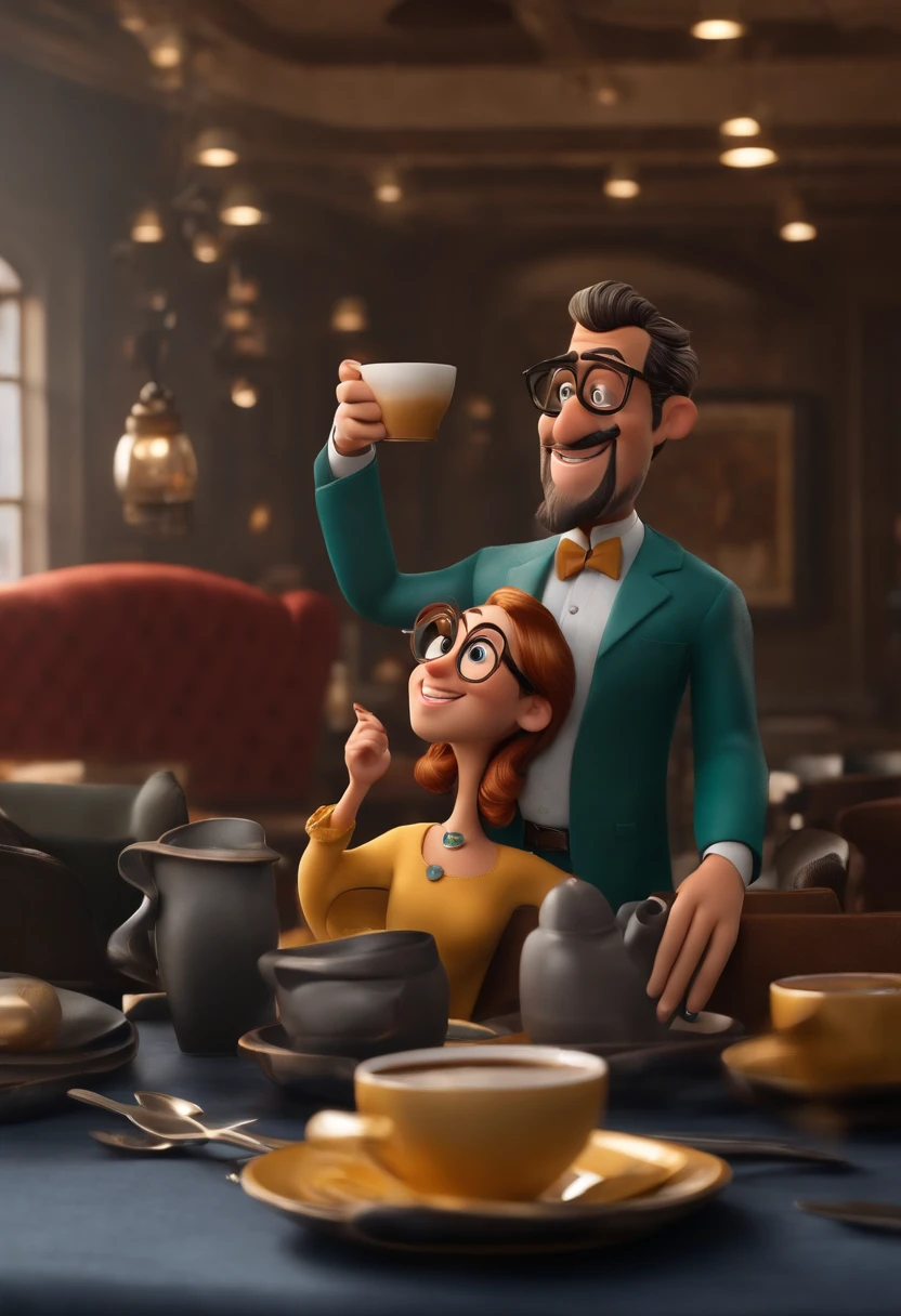 Uma Disney 3D/Cartaz do filme Pixar. um homem, moreno, 38 anos de idade, 1,95 de altura, cabelos pretos lisos com um corte na lateral, possue uma barba grande preta , usa um oculos de grau preto, tem rosto fino, It has Arabic traits, esta vestido com um belissimo fraque preto, sapatos prestos, esta toamndo um cafe em um evento publico.