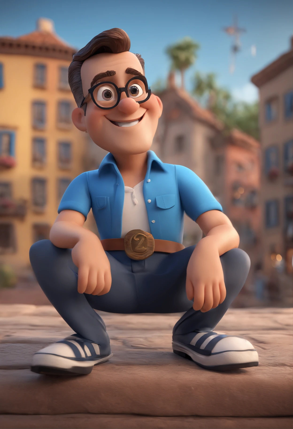 Cartoon character of a man with black glasses and a blue shirt, animation character, Caractere estilizado, animation style rendering, 3D estilizado, Arnold Maya render, 3 d render stylized, toon render keyshot, Personagem 3D, Personagem 3D, 3d rendering stylized, 3 d character render, personagem de desenho animado, Personagem de close up, Pose de personagem,  (Estilo Pixar) (master part:1.2) (Bokeh) (best quality) (pele detalhada) (textura detalhada) (8k) (argila) (Cinematic lighting) (foco nítido