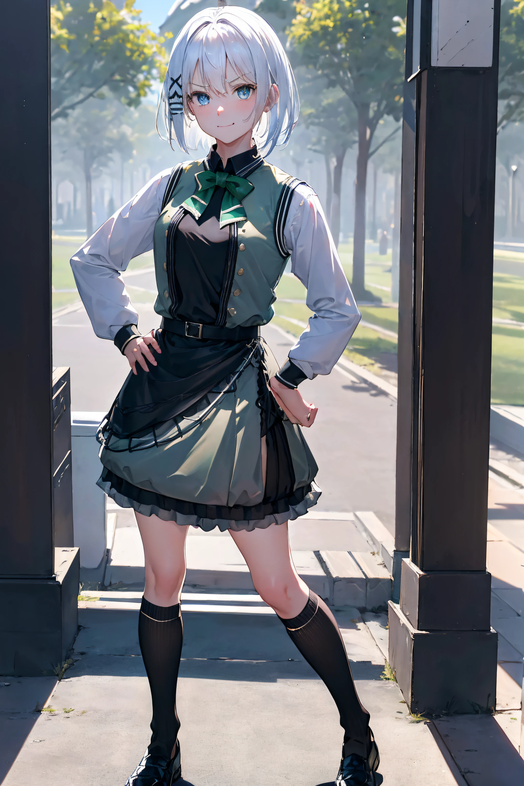 masterpiece, best quality, highres, 1girl white hair blue eyes x hair ornament,(wearing black footwear, kneehighs, green skirt, black socks, loafers, green bow, sweater vest, green ribbon:1.2), standing, leaning forward, (hand on hip, angry, pov :1.2), smile, simple background,NSFW,official art,extremely detailed CG unity 8k wallpaper, perfect lighting, (masterpiece:1.0),(best_quality:1.0), ultra high res,4K,ultra-detailed, photography, 8K, HDR, highres, absurdres:1.2, Kodak portra 400, film grain, blurry background, bokeh:1.2, lens flare, (vibrant_color:1.2),(beautiful_face:1.5),(narrow_waist),(perfect hands, perfect ???????),