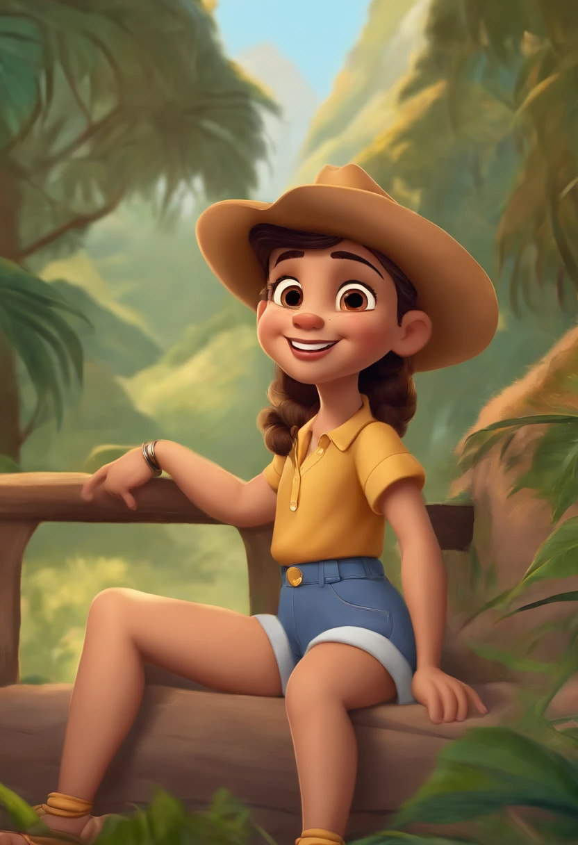 Personagem feminina fofa da Disney, cabelos pretos longos, olhos castanhos claros e alegres, pele clara, blusa branca, Khaki high-waisted shorts, personagem masculino bonito de 6 anos da Disney, olhos castanhos, cabelo castanho com um quiff na frente do cabelo, pele clara, blusa branca, khaki shorts, personagem masculino bonito da disney, em breve, pele bronzeada, olhos castanhos, blusa branca, khaki shorts, Happy family all hugged, Scenery in the middle of nature, cores brilhantes, tudo no estilo Disney PIXAR