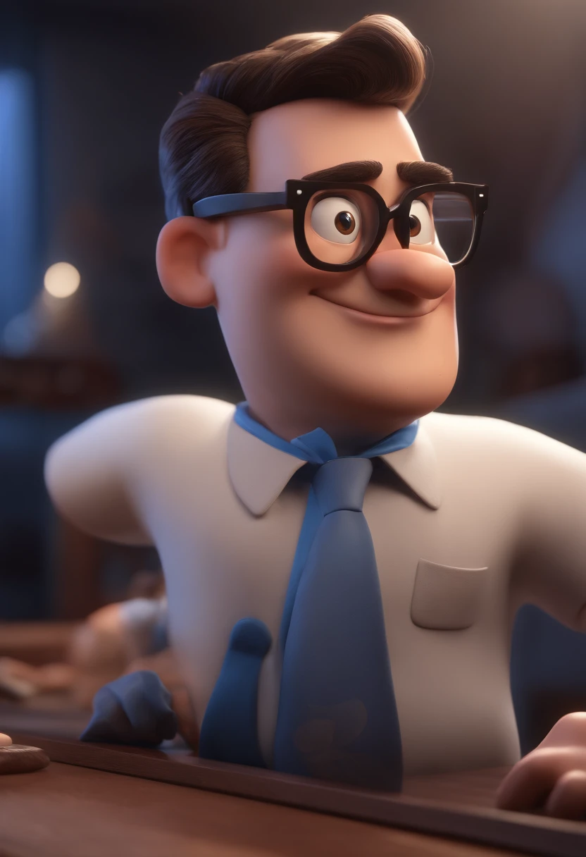 Cartoon character of a man with black glasses and a blue shirt, animation character, Caractere estilizado, animation style rendering, 3D estilizado, Arnold Maya render, 3 d render stylized, toon render keyshot, Personagem 3D, Personagem 3D, 3d rendering stylized, 3 d character render, personagem de desenho animado, Personagem de close up, Pose de personagem,  (Estilo Pixar) (master part:1.2) (Bokeh) (best quality) (pele detalhada) (textura detalhada) (8k) (argila) (Cinematic lighting) (foco nítido