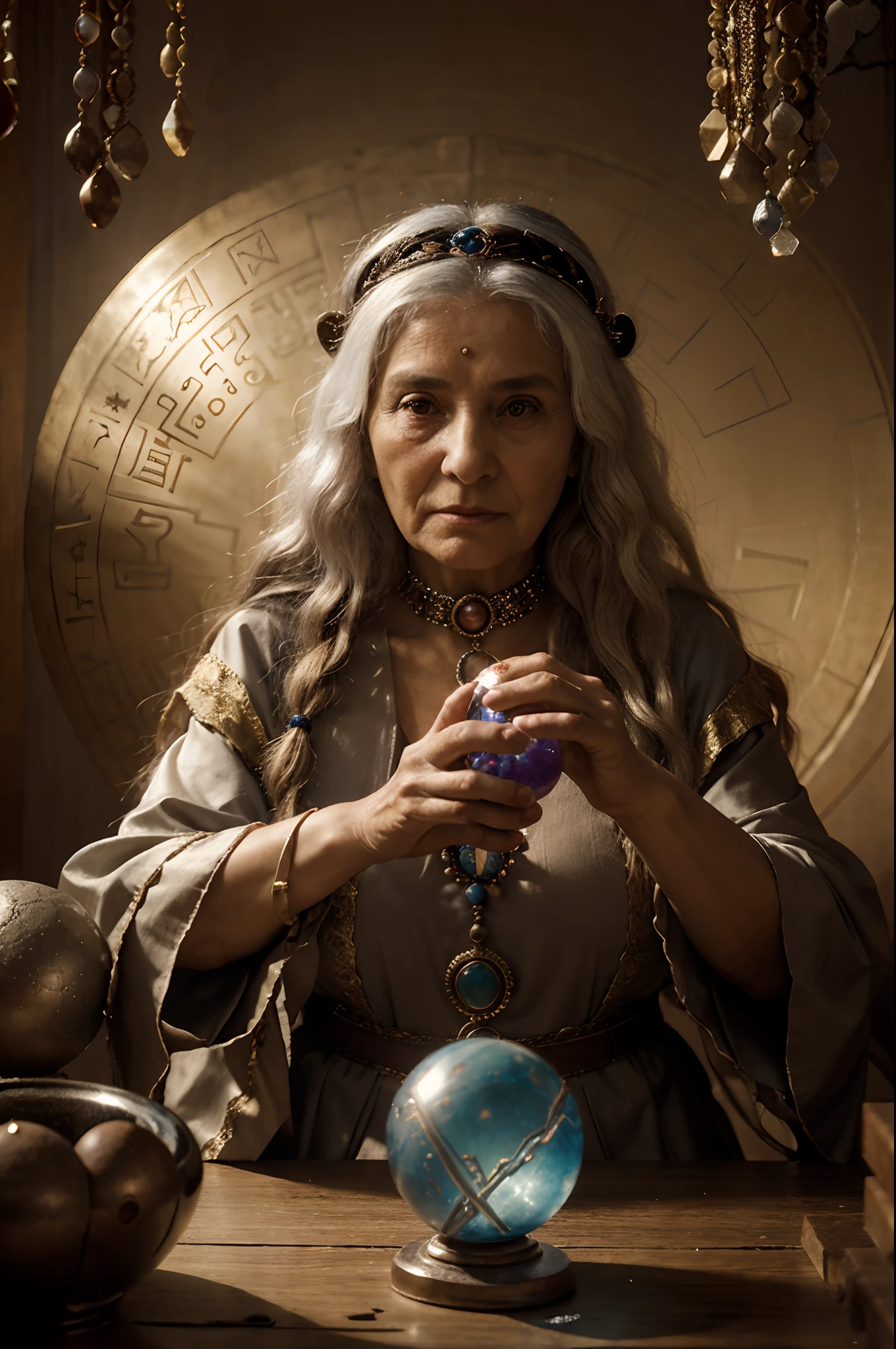 an old woman holding a crystal ball in her hands, diviner, The Oracle of the Mayan Elders, dressed as an oracle, a woman holding an orb, ancient woman, Elderly Greek Goddess, Crone, The Oracle of Ancient Wisdom, crystal ball, By Irakli Nadar, an elderly woman, inspired by Rudolf Ernst