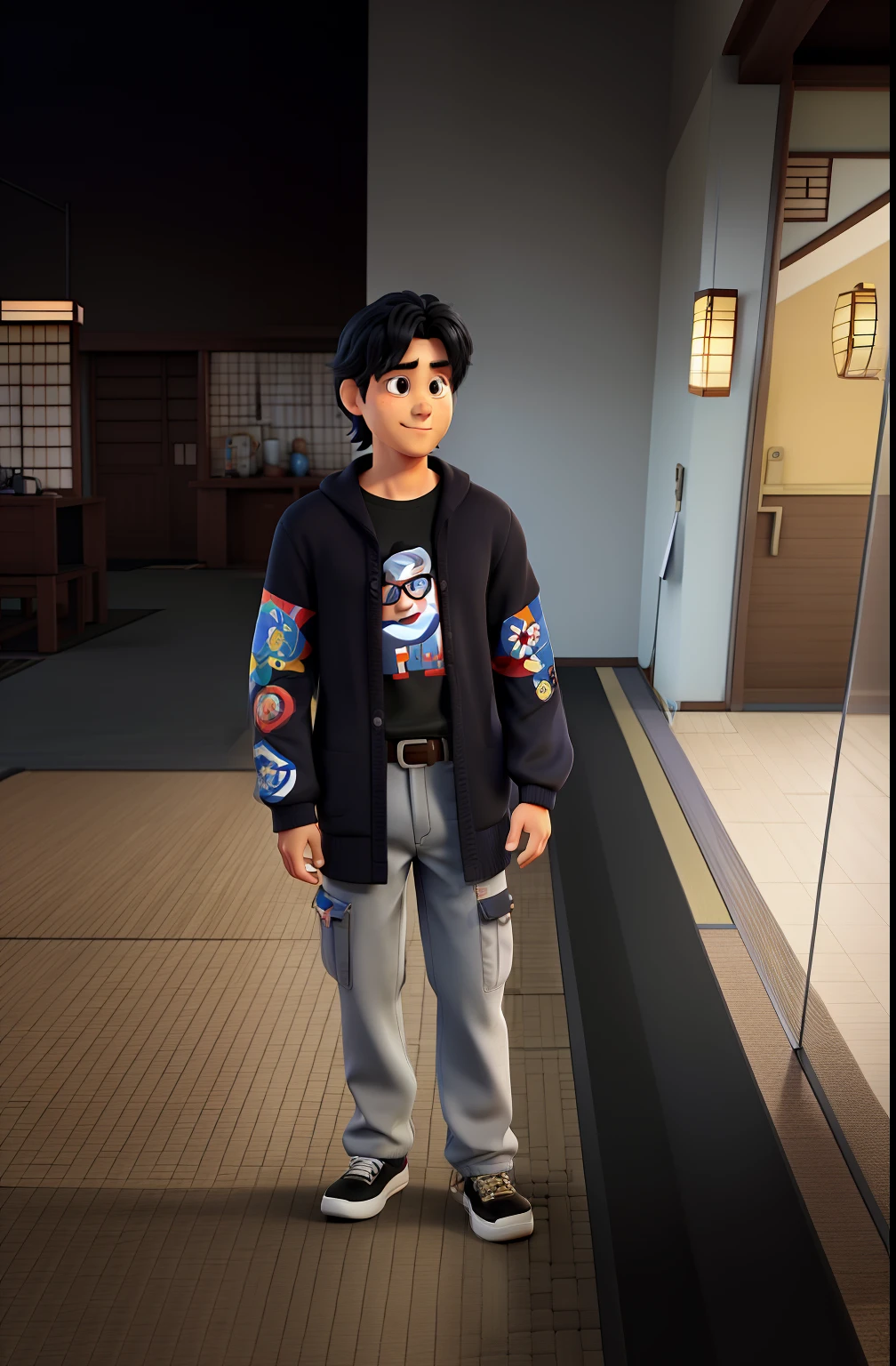 um homem, japanese appearance, cabelo preto, Estilo Disney Pixar, camiseta nerd