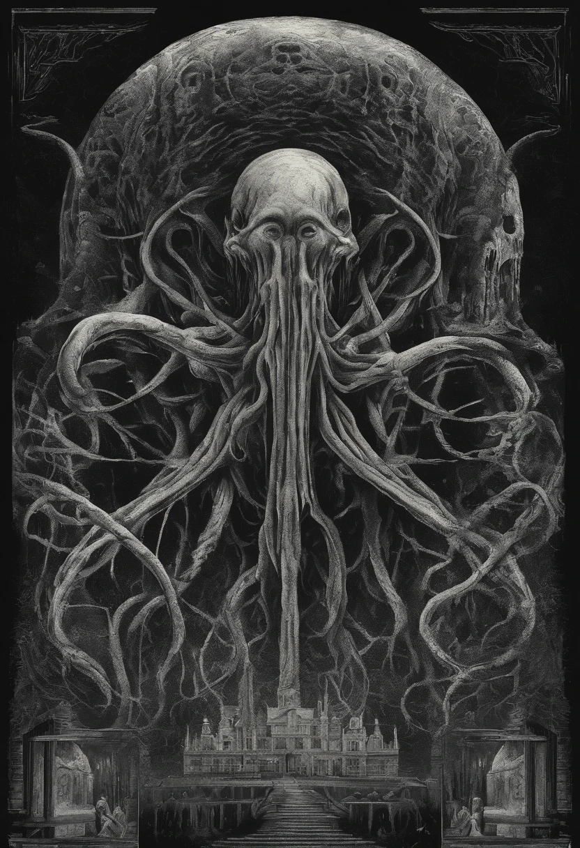 POSTER ART, Explore the Lovecraftian horror genre with an illustration of Body that conveys the otherworldly and cosmic dread often associated with the works of H.P. Lovecraft. text, logos, modern art, pop art, black background