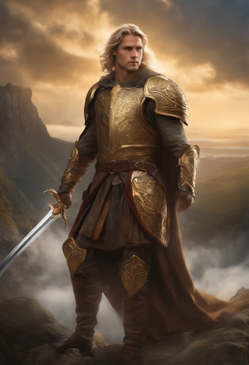 Anjo masculino, forte, armadura branca e dourada relusente detalhada, pose epica, asas abertas, aparencia similar to Tolkien's elves, brandindo espada, camera de baixo pra cima, background de nuvens, sol ao fundo, luzes, raios do sol, muitos detalhes, estilo pintura de frank frazeta