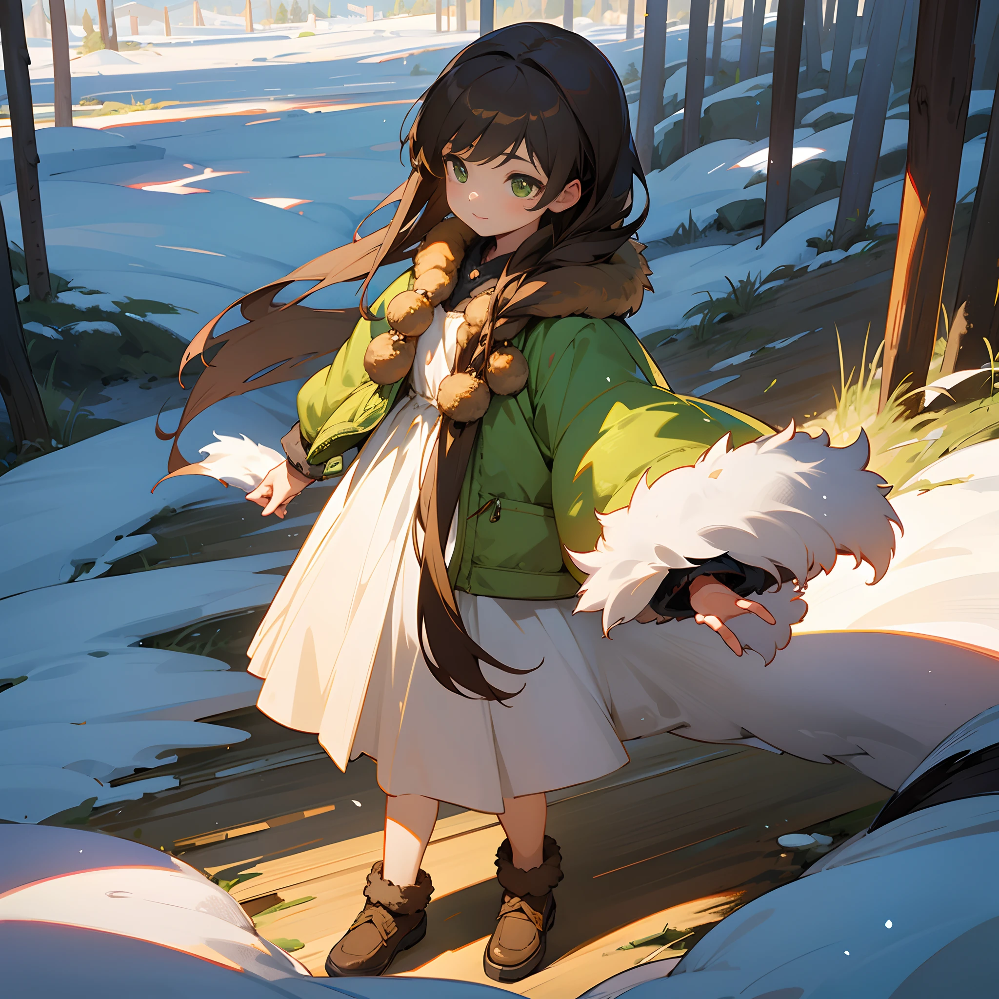 1female, child, long brown hair, finely detailed green eyes, loose casual clothing, jacket with fur, walking down path, snowy mountain, lanterns, flowers ,best lighting and shadows