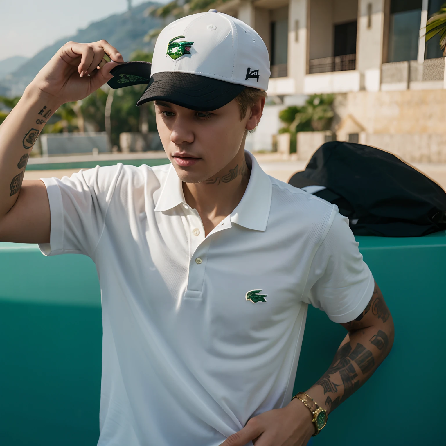 Justin Bieber in an oakley hat, polo da Lacoste, gold cord enjoying a ball in Rio de Janeiro. Realista