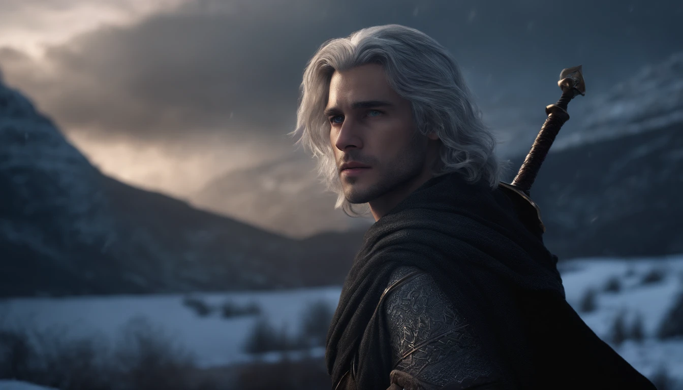 A young beautiful male character with medium silver hair looking at the kingdom with a serene expression, medieval clothes, blue eyes, he has a sword, dark setting, ultra-realistic, Guweiz drawing style, landscape, 8k, winter, dramatic particles, melhor qualidade,4k,8k,alto,master part:1.2,ultra-detalhado,Realistic:1.37.