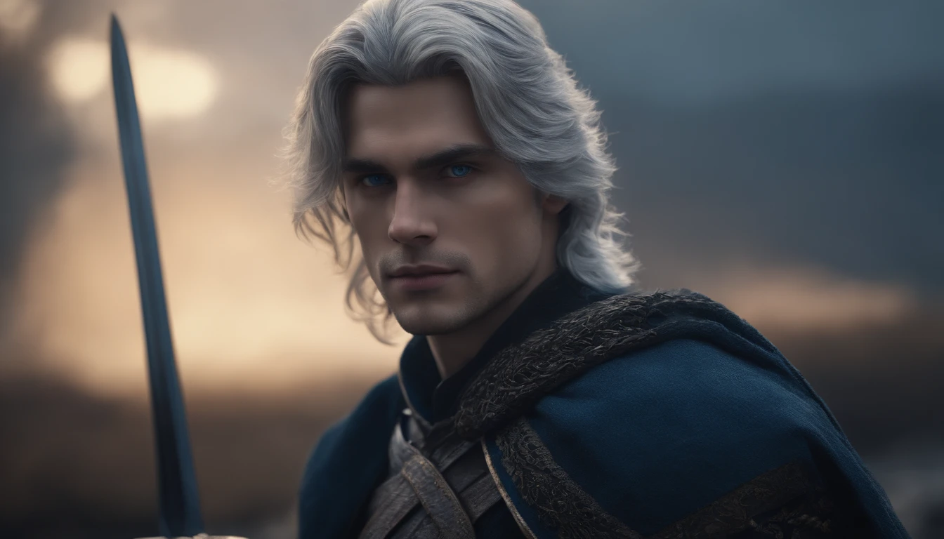 A young beautiful male character with medium silver hair looking at the kingdom with a serene expression, medieval clothes, blue eyes, he has a sword, dark setting, ultra-realistic, Guweiz drawing style, landscape, 8k, winter, dramatic particles, melhor qualidade,4k,8k,alto,master part:1.2,ultra-detalhado,Realistic:1.37.