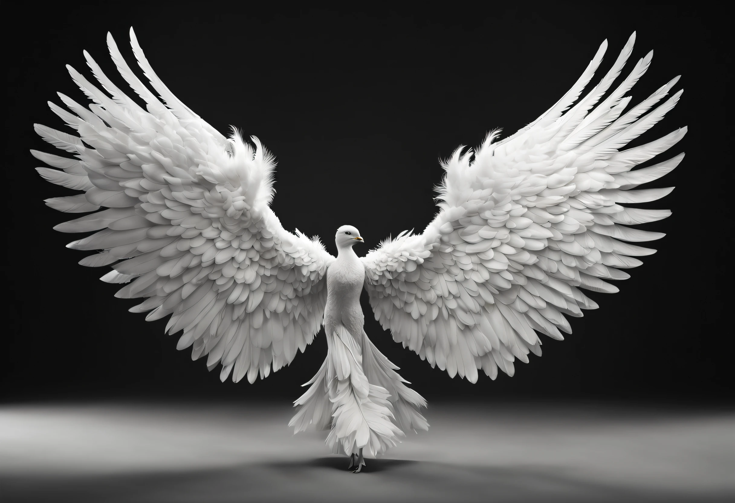 (best quality, 4k, 8k, high resolution, masterpiece: 1.2), ultra detailed, (realistic, photorealistic, photorealistic: 1.37),image of a photograph of a pair of wings. The wings are white and made of feathers. The wings are spread and appear to be in flight. The background is infinite black and the wings are the only object in the photo. The wings are symmetrical and appear to be made from a single piece of material.
