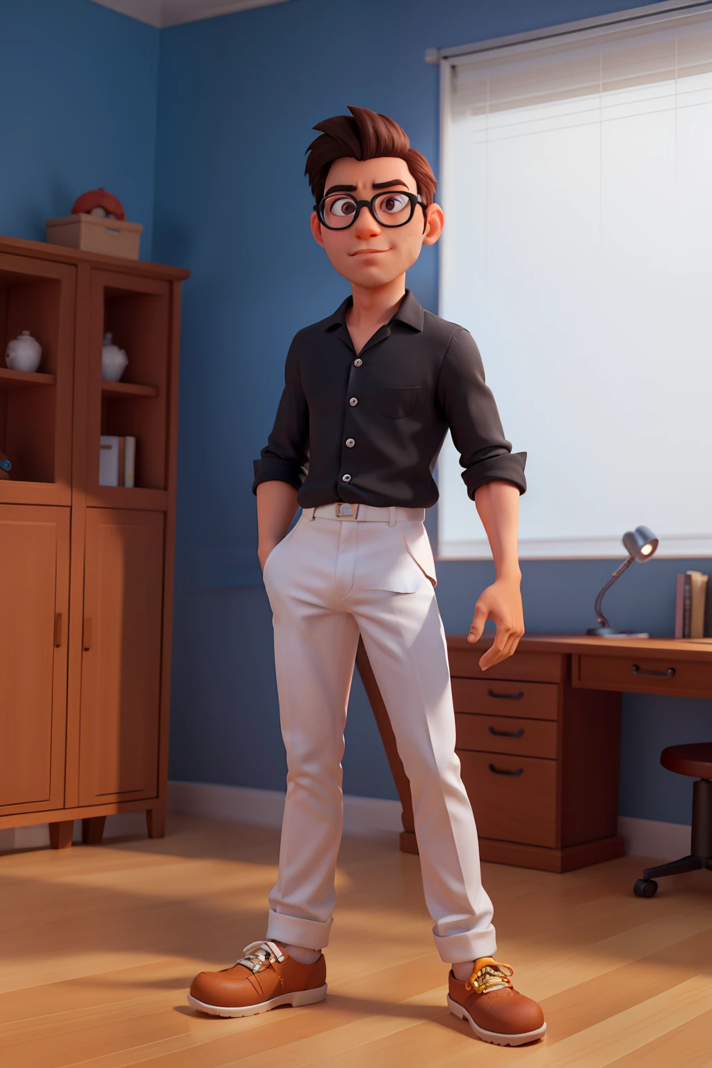 Cartoon character of a young man with black glasses and a white shirt, roupa social, cabelo preto, cavanhaque curto, animation character, Caractere estilizado, animation style rendering, 3D estilizado, Arnold Maya render, 3 d render stylized, toon render keyshot, Personagem 3D, Personagem 3D, 3d rendering stylized, 3 d character render, personagem de desenho animado, Personagem de close up, Pose de personagem, (Estilo Pixar) (master part:1.2) (Bokeh) (best quality) (pele detalhada) (textura detalhada) (8k) (argila) (Cinematic lighting) (foco nítido