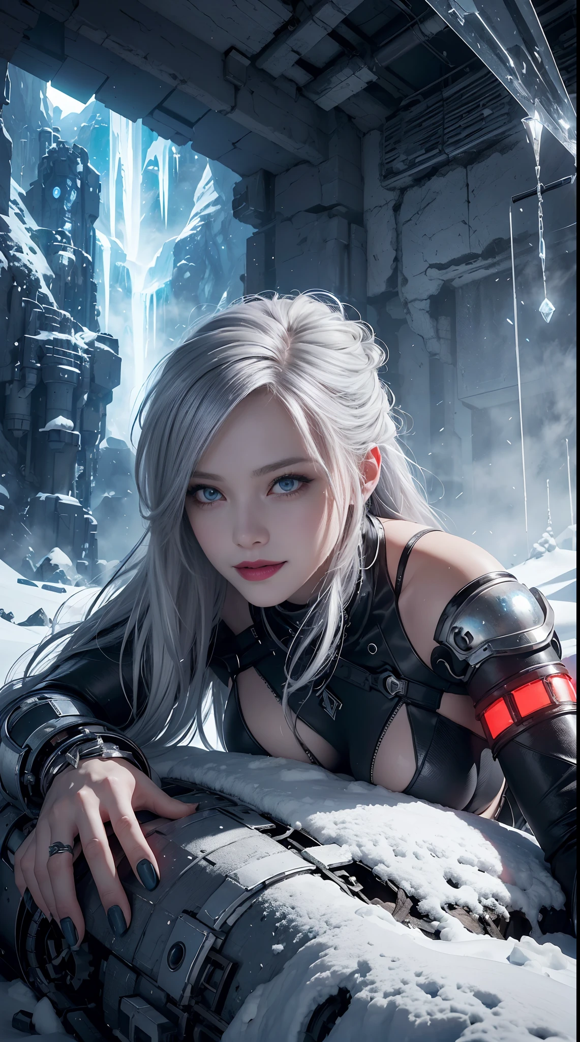 ((nsfw)),((gigantic breasts)),Cyberpunk, mechanical, broken, there is a picture of a very large iceberg, cyberpunk, mechanical, broken, with a lot of snow, dungeon background, icicle background, arena background, game background, dark dark cave background,a female warrior sitting down,((smile:1)),silver hair,red lips,back view,((close camera))