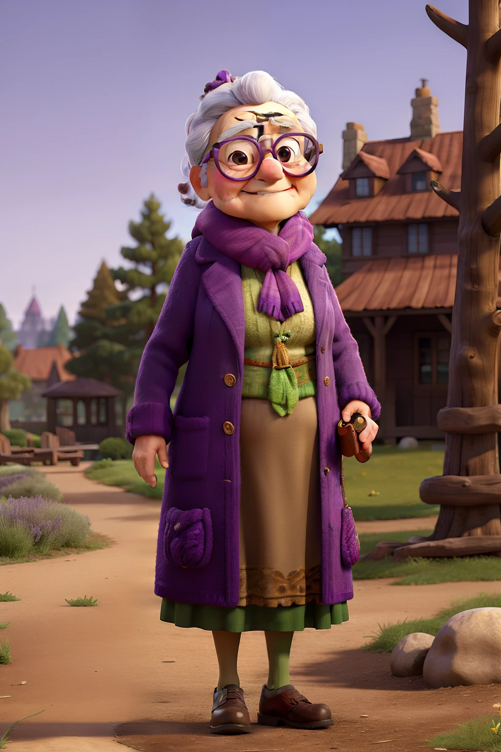 masterpiece, best quality, an old woman with glasses and a scarf on, wearing a purple coat and green scarf, standing at the park
