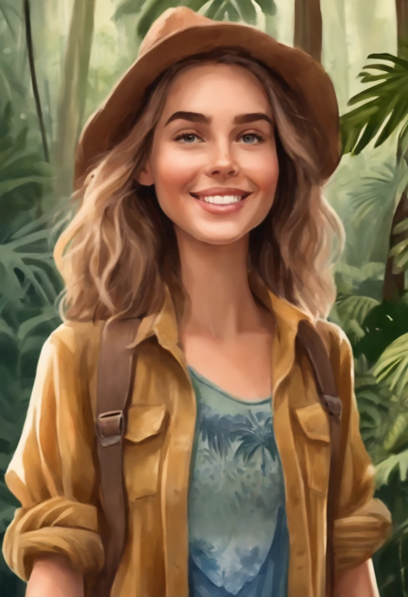 Image of a watercolor girl for a story in a YouTube video in Pixar format, She is fun-loving and enjoys adventures in the Amazon rainforest. Ela tem cabelos curto e castanho, usa blusa branca e bermuda bege.