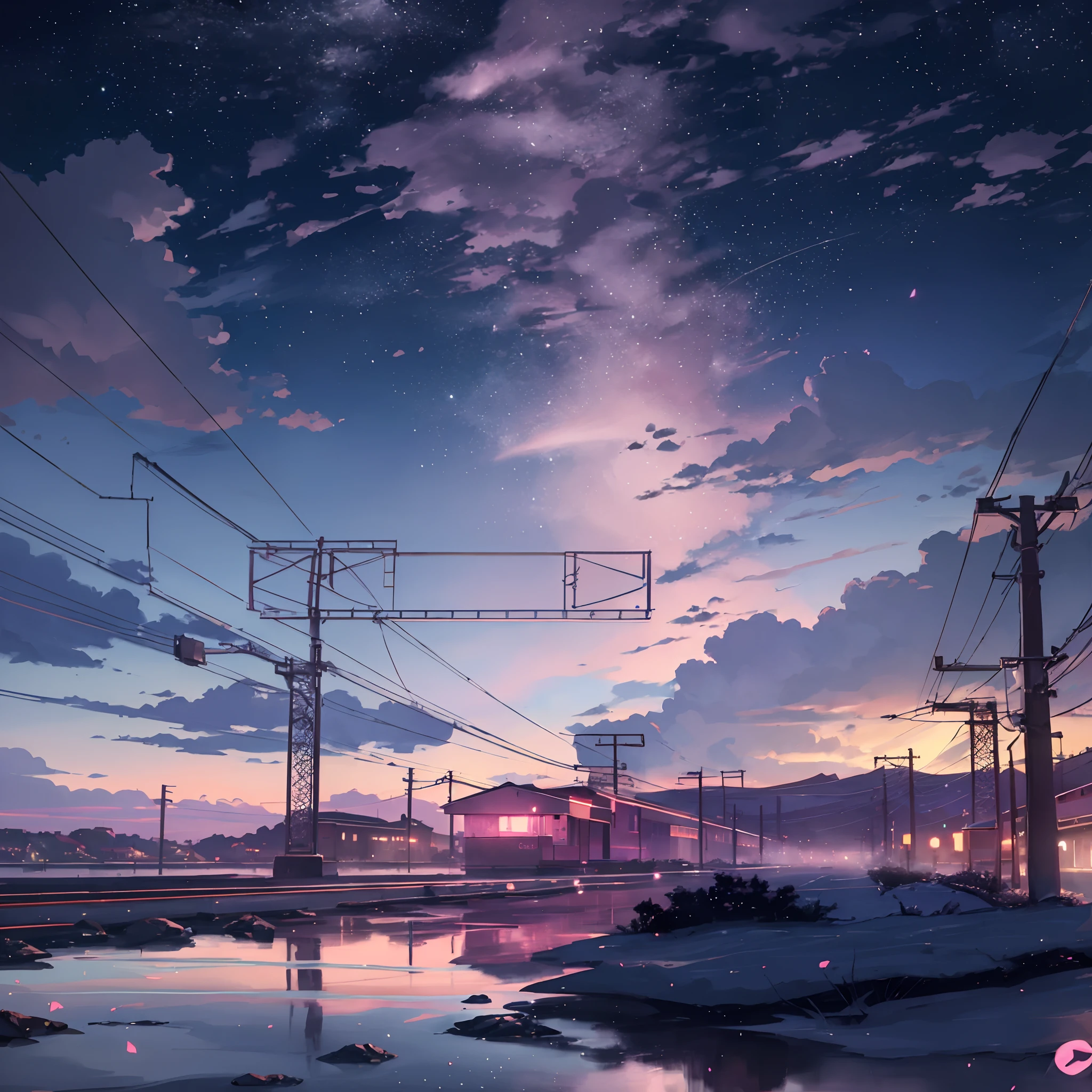 at late night, No one, Empty table, The windows take up half of the picture, Anime scenes under pink and dark purple sky outside the window, anime paintings by Makoto Shinkai, Pop Trends on Pixiv, magical realism, beautiful anime scenes, cosmic skies. makoto sinkai, ( ( ( makoto sinkai ) ), makoto sinkai, anime background art, style of makoto shinkai