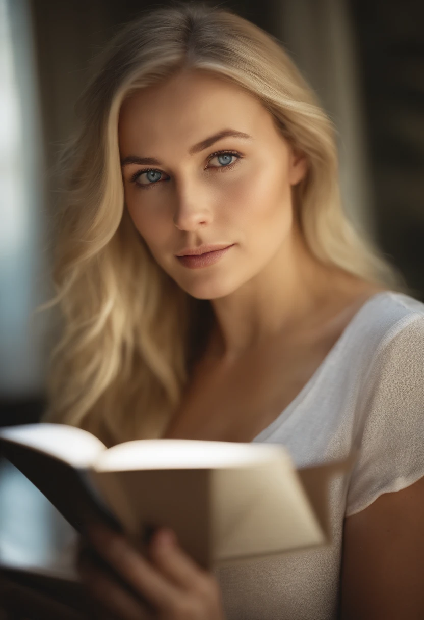 Blonde pretty woman, 24 years old, thin, wearing t-shirt, realistic skin tones, realistic details and complexion, using a journal, journal cover facing camera, woman with journal facing camera, journal cover facing front, pretty girl with journal, blue eyes, beautiful light, reading a book